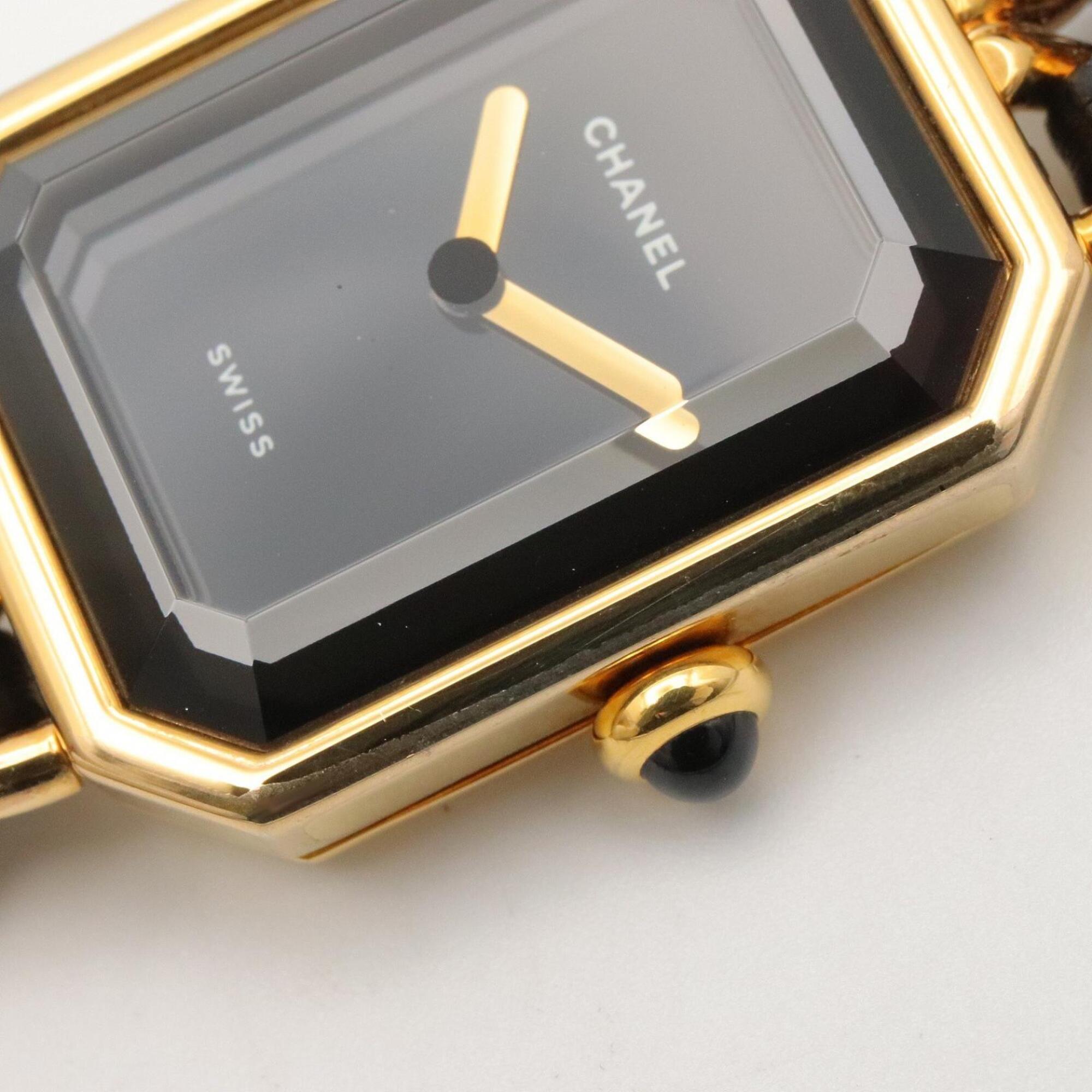 Chanel CHANEL Première S Watch, Gold Plated (GP), Leather Strap, Women's, Black, H0001