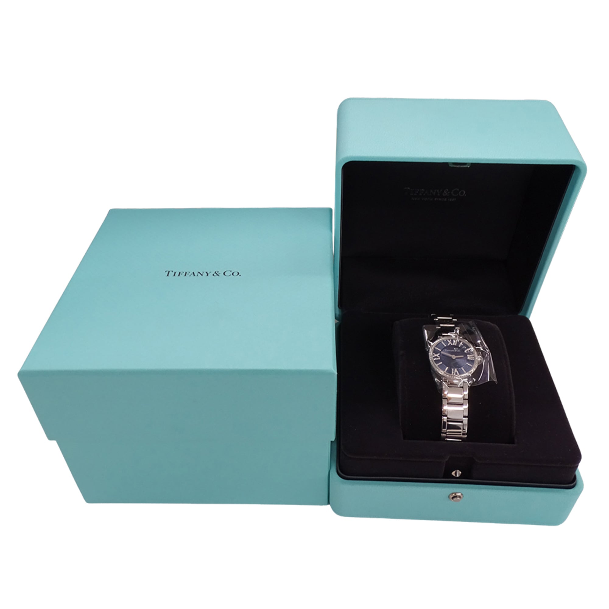 Tiffany & Co. Atlas diamant-kwartshorloge voor dames, roestvrij staal (SS), zilver/marineblauw, 69291651.