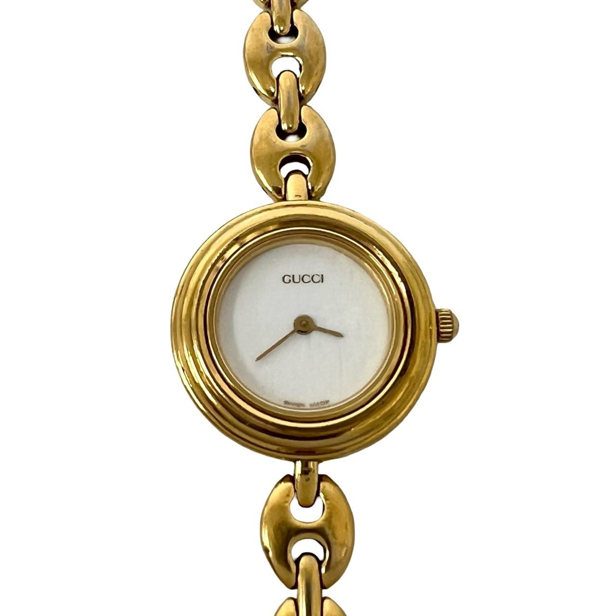 GUCCI Vintage Logo Engraved Chain GP Watch Wristwatch Gold White 36330