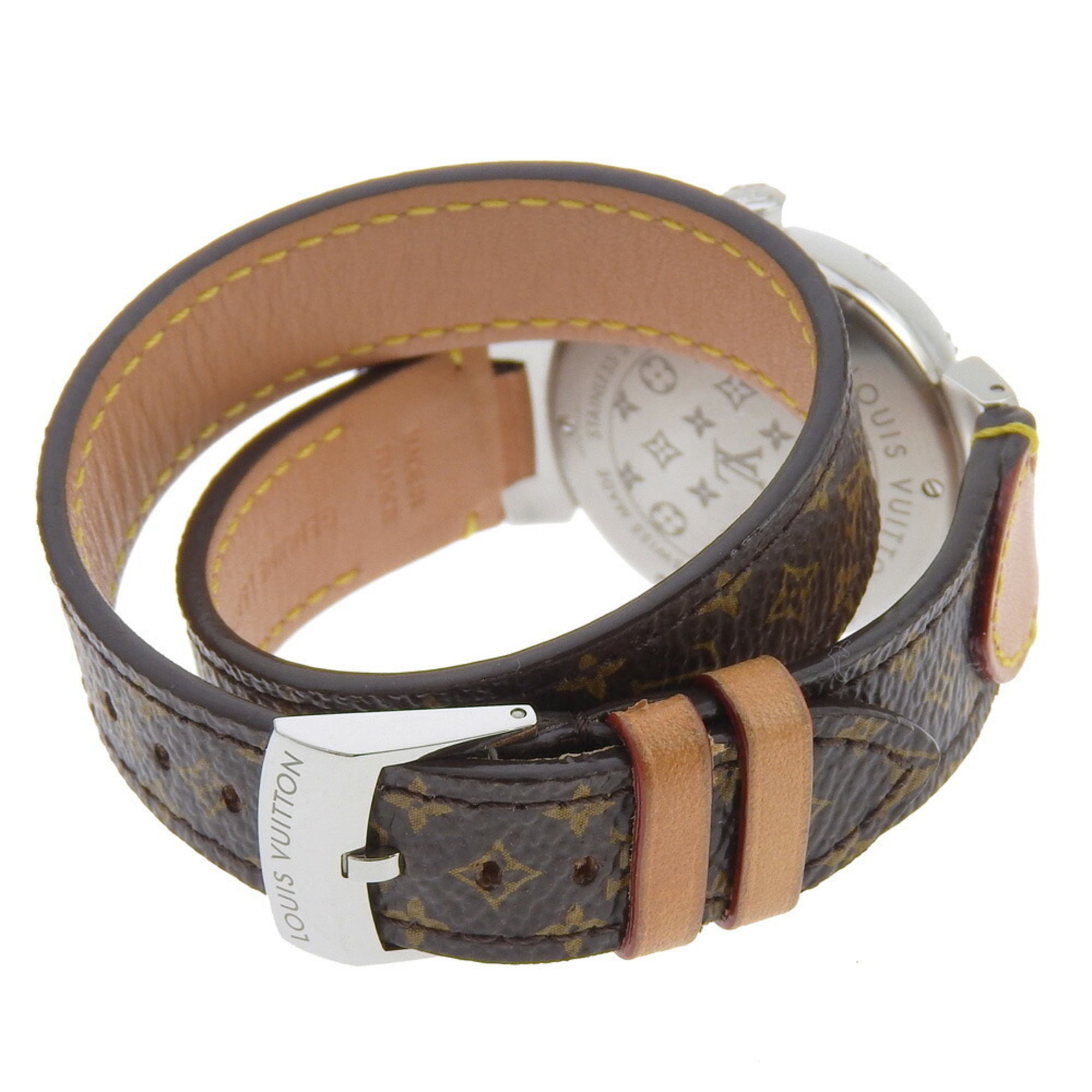 Louis Vuitton Tambour-horloge Q1313, roestvrij staal x Monogram-canvas, quartz, analoog display, witte wijzerplaat, damesmodel
