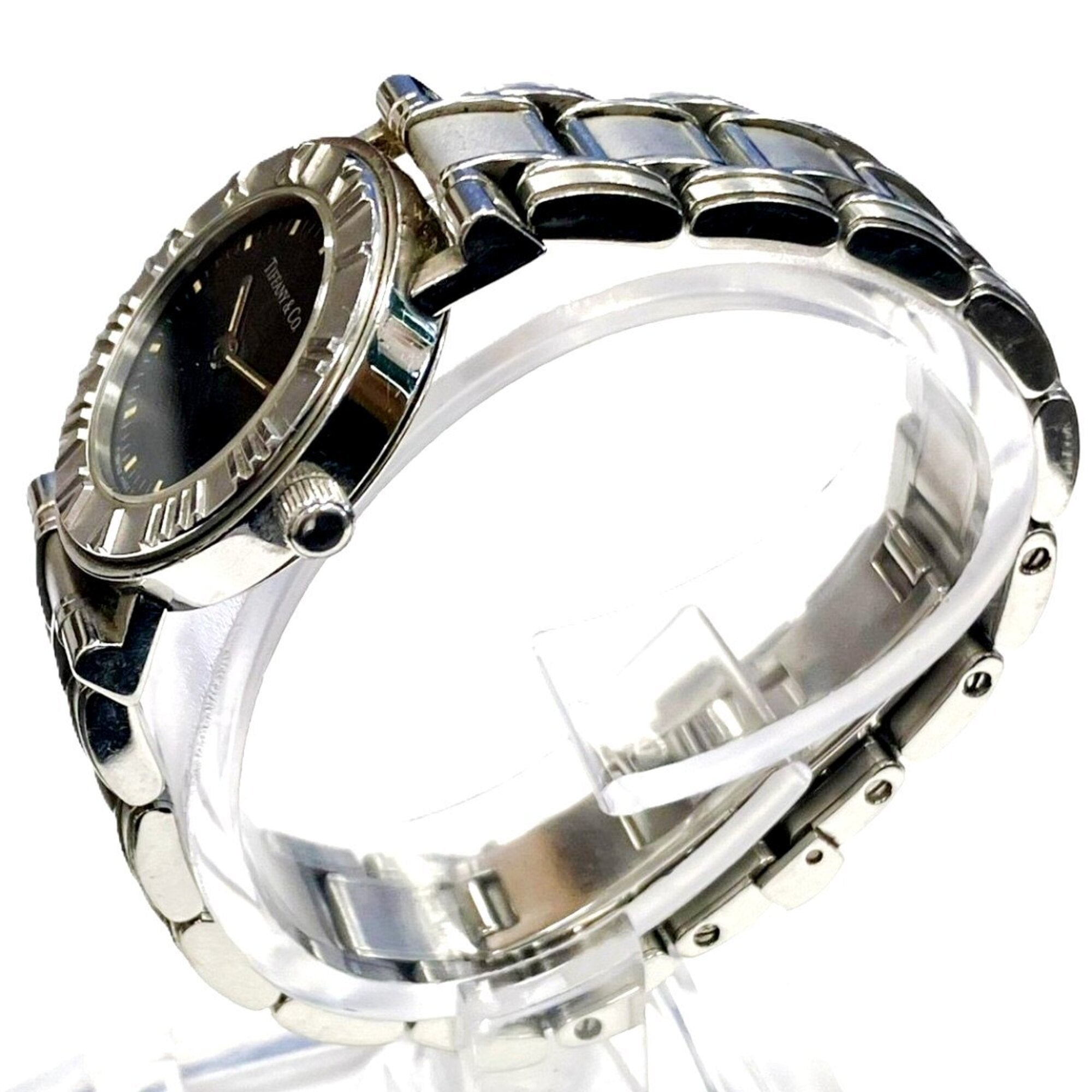 Tiffany & Co. Atlas watch, total weight 51.2g, stainless steel, quartz movement, black dial.