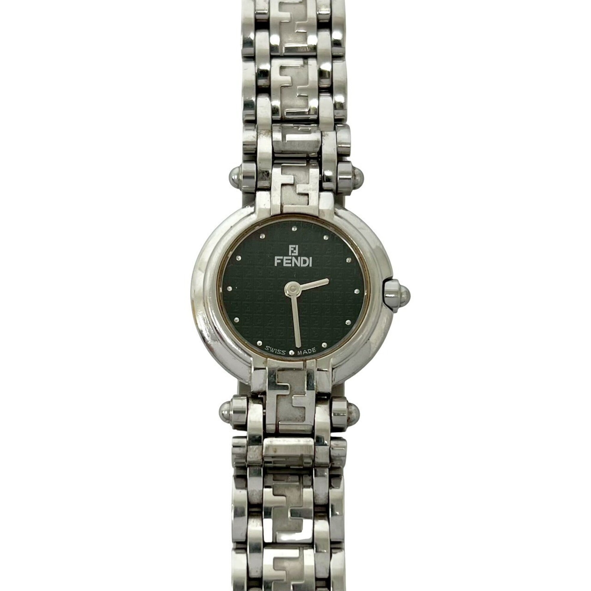 FENDI 750L Orologi FF Logo Stainless Steel Quartz Watch, Silver/Black, 39005