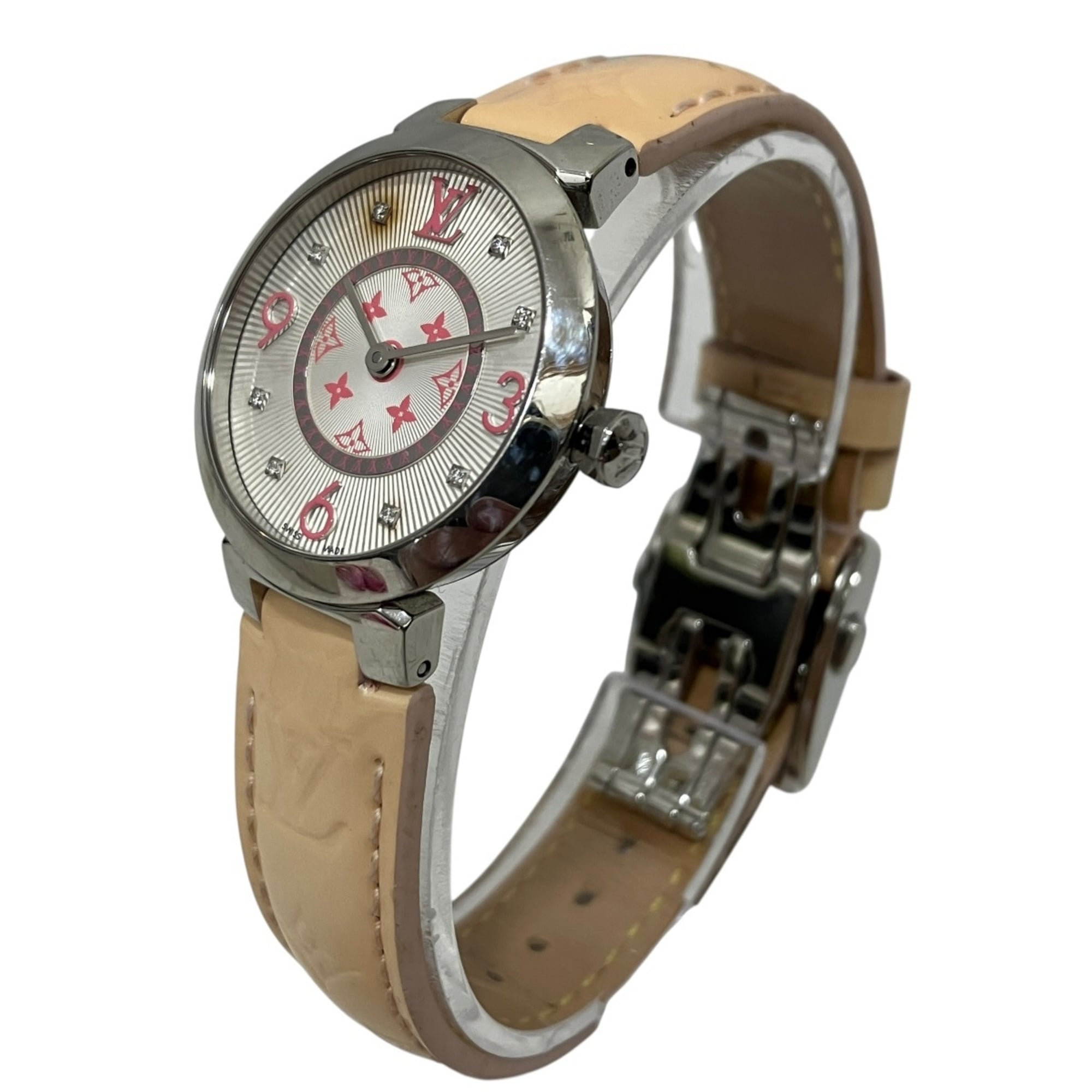 Louis Vuitton Tambour Monogram PM Watch, Verny, Total Weight 36.3g, Stainless Steel, Genuine Leather Strap, Quartz Movement, White Dial, Q12MG
