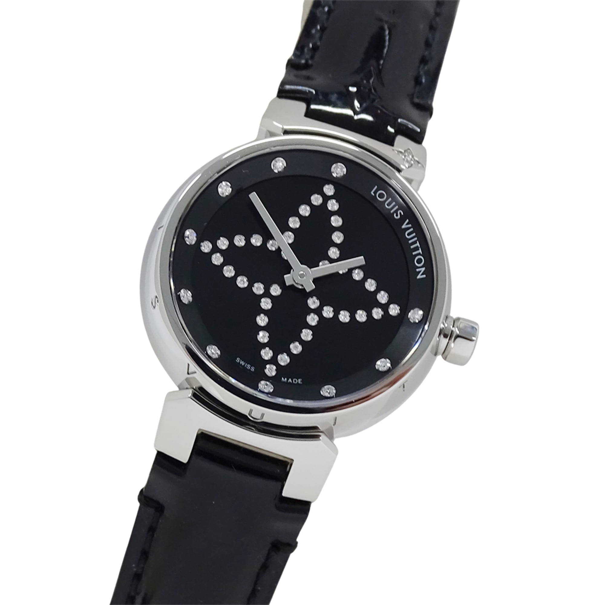Louis Vuitton LOUIS VUITTON Women's Watch Tambour Forever Diamond Quartz QZ Stainless Steel SS Leather Q12M5 Silver Black
