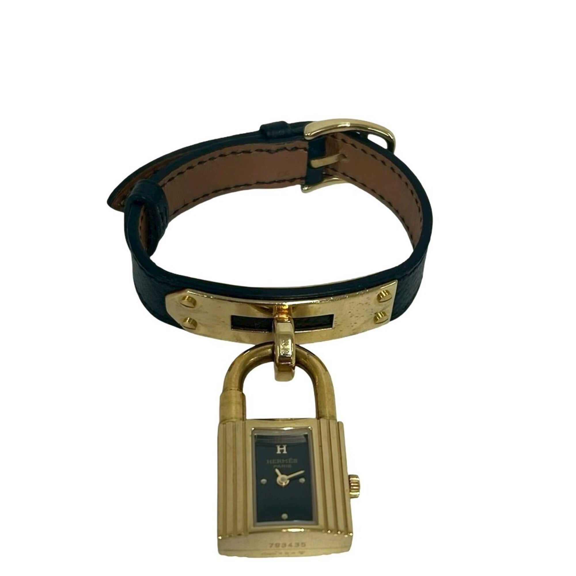 HERMES Vintage Kelly Leather Genuine GP Finish Wrist Black & Gold 82135