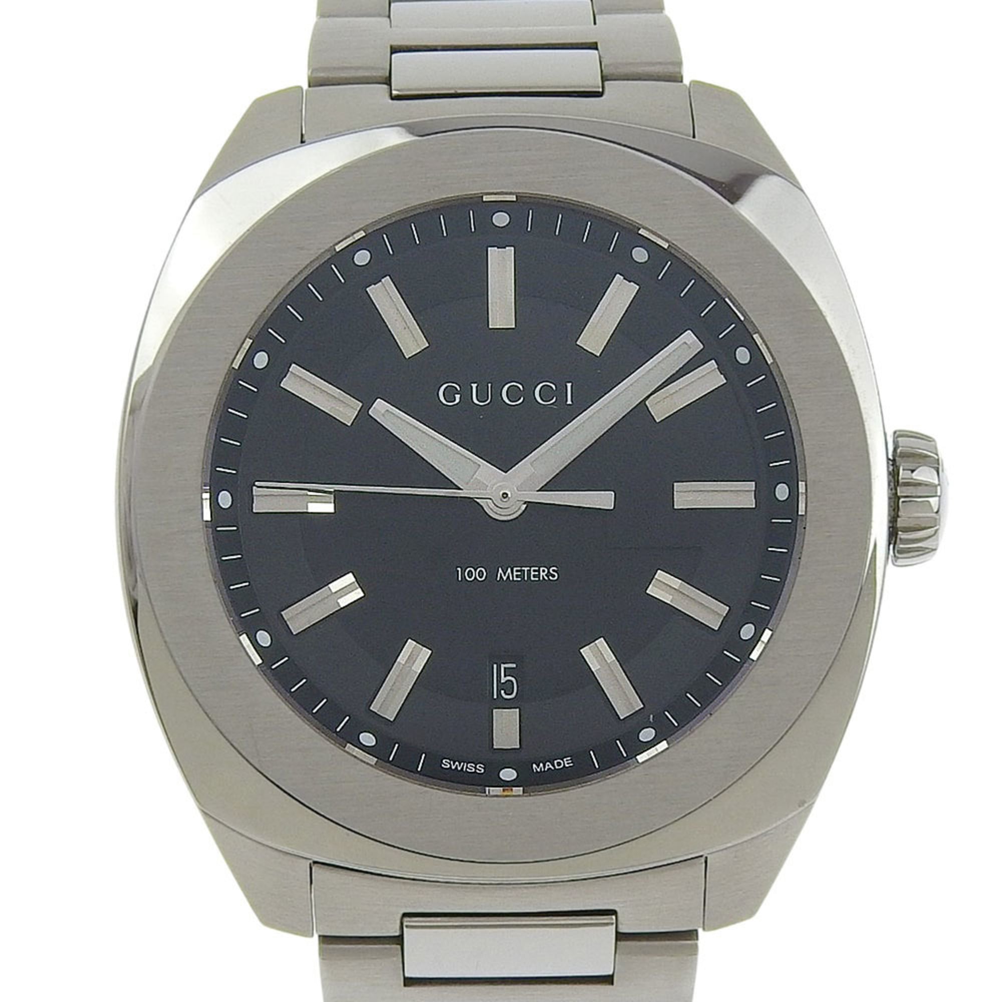 【本物保証】 箱・保付 超美品 グッチ GUCCI デイト 100m YA142201 142 2 黒文字盤 SS クォーツ 電池 43ミリ メンズ 腕時計 Gucci Date 100m YA142201 142 2 Black Dial Stainless Steel Quartz Watch