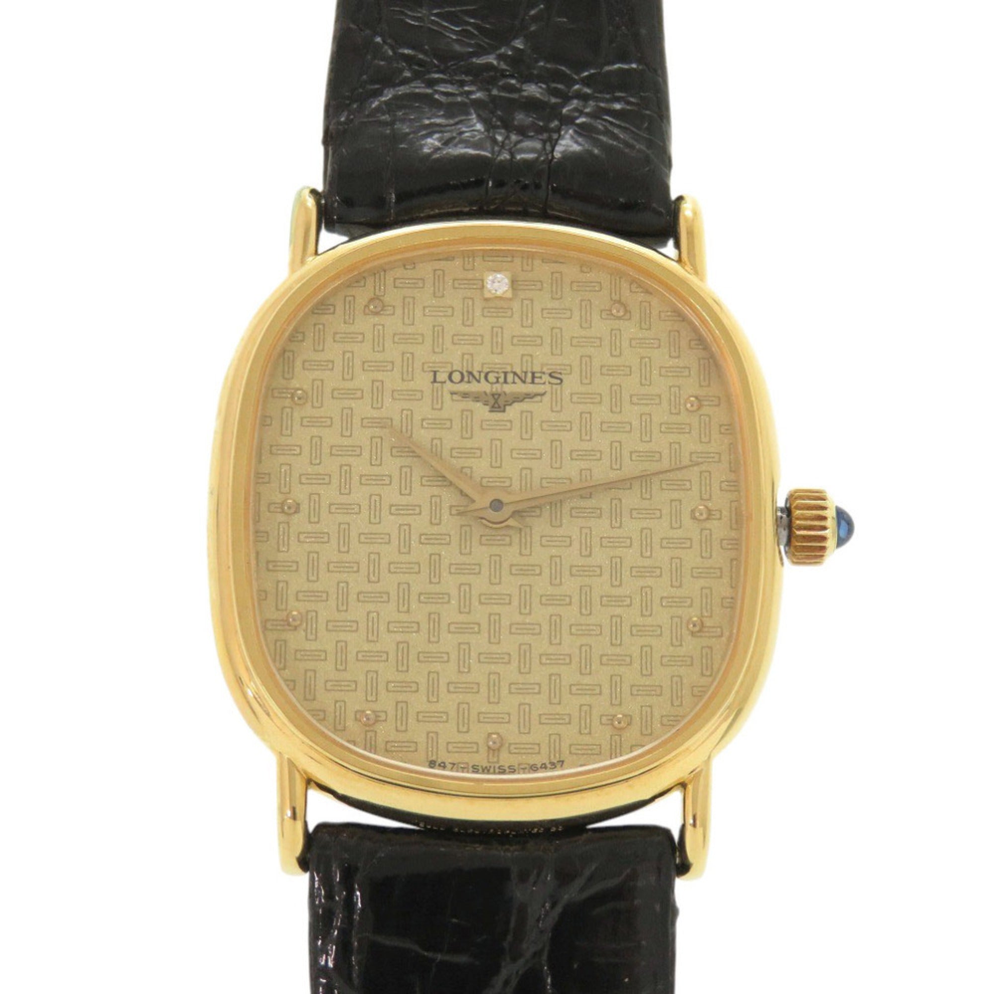 Like new Longines 0037, a single diamond, manual winding, stainless steel, leather, gold and black watch.