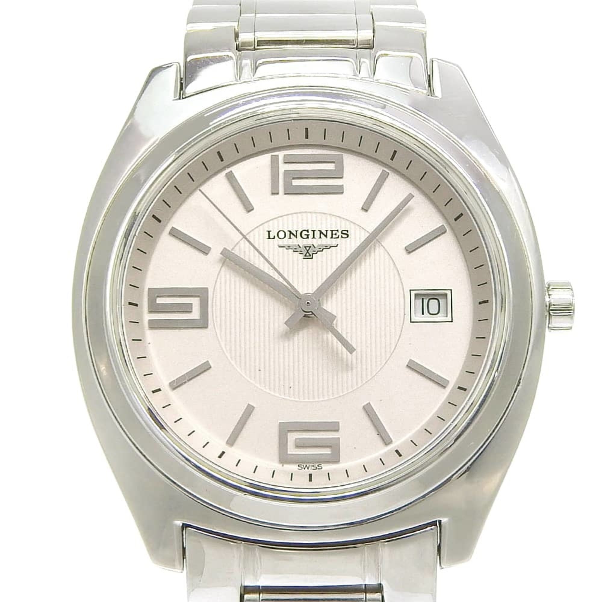 Longines Conquest watch L3.632.4, stainless steel, silver, quartz, analog, white dial, men's.