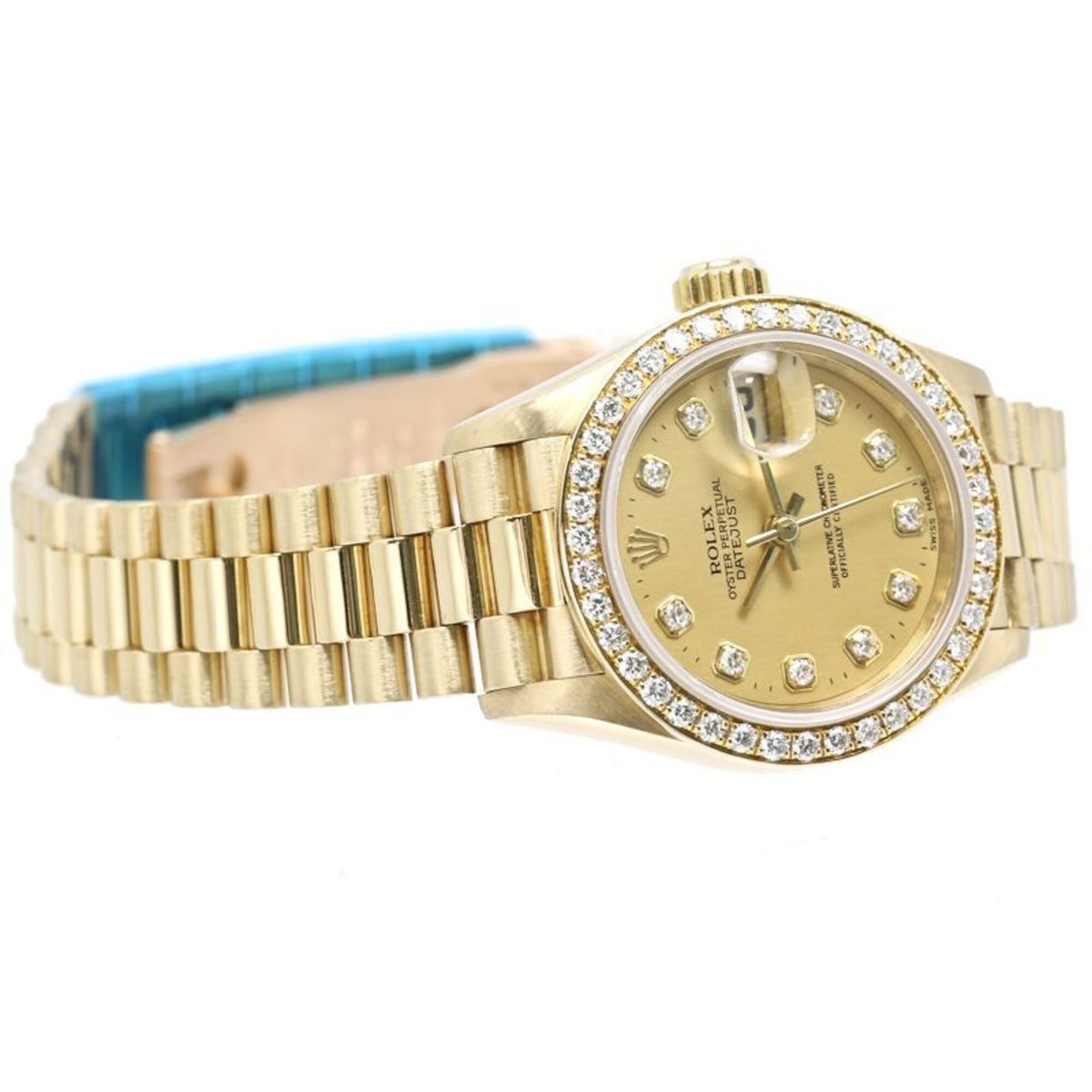 Montre Rolex Datejust avec lunette sertie de 10 diamants, référence 69138G Champagne, cadran de 26 mm