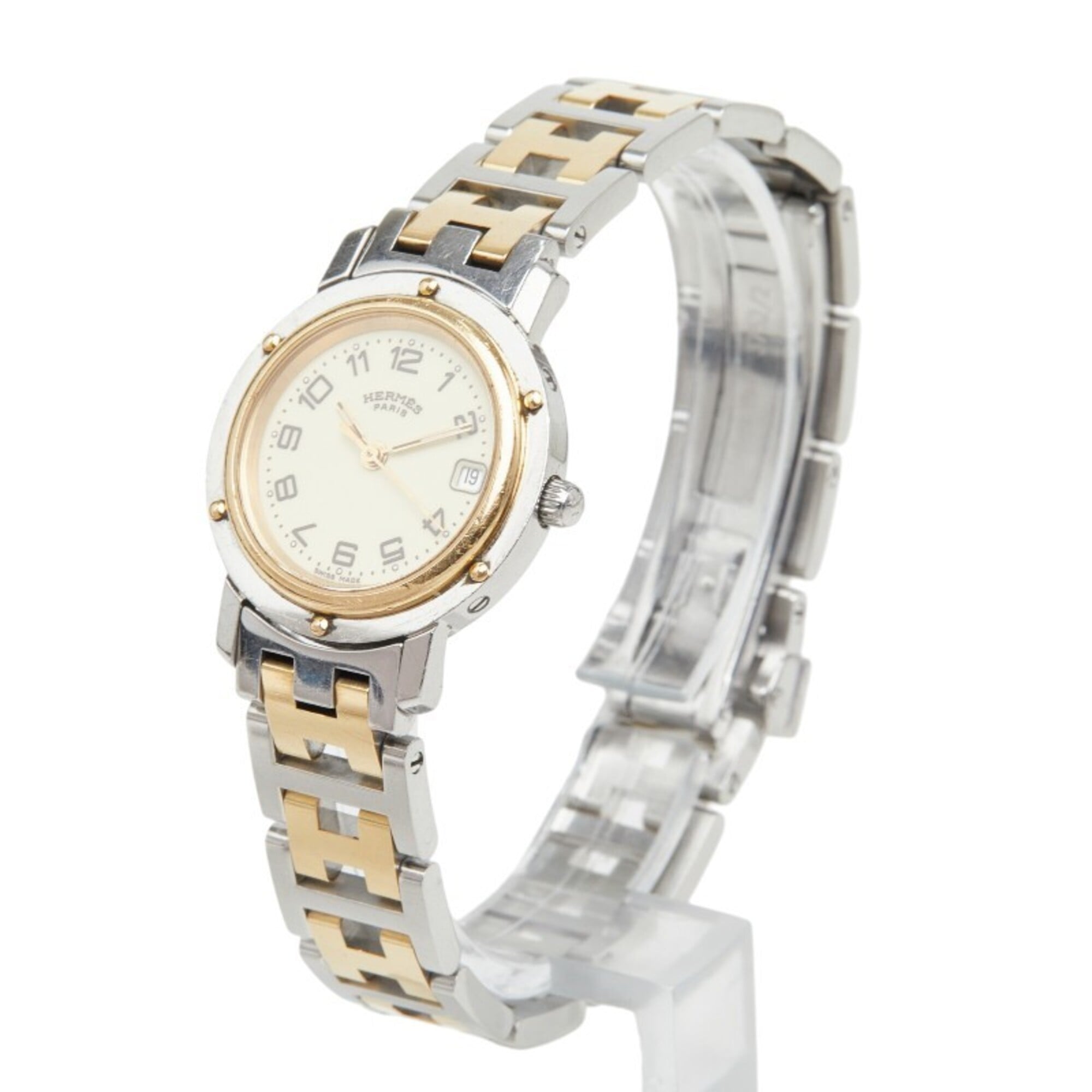 Hermes Clipper Combination Ivory Watch CL4.220 Quartz Beige Dial Stainless Steel Plated Women's HERMES