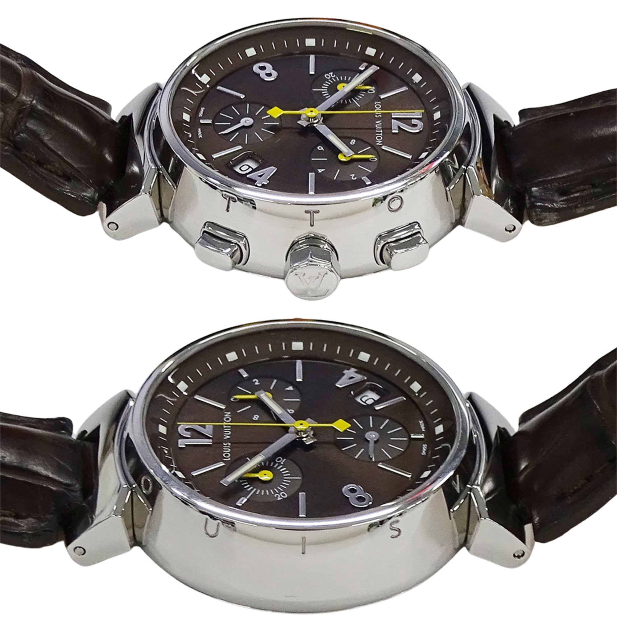 Louis Vuitton LOUIS VUITTON Jongenshorloge Tambour Chronograaf Datum Kwarts QZ Roestvrij staal SS Leer Q1321 Zilver Bruin
