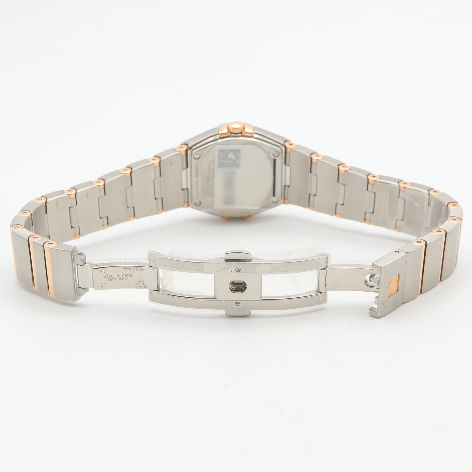 Omega Constellation Star Uhr mit blauer Diamantlünette, 18 Karat Roségold (PG) und Edelstahl, Diamanten, Damenuhr, Weiß/Weiß Perlmutt, 123.25.24.60.05.002