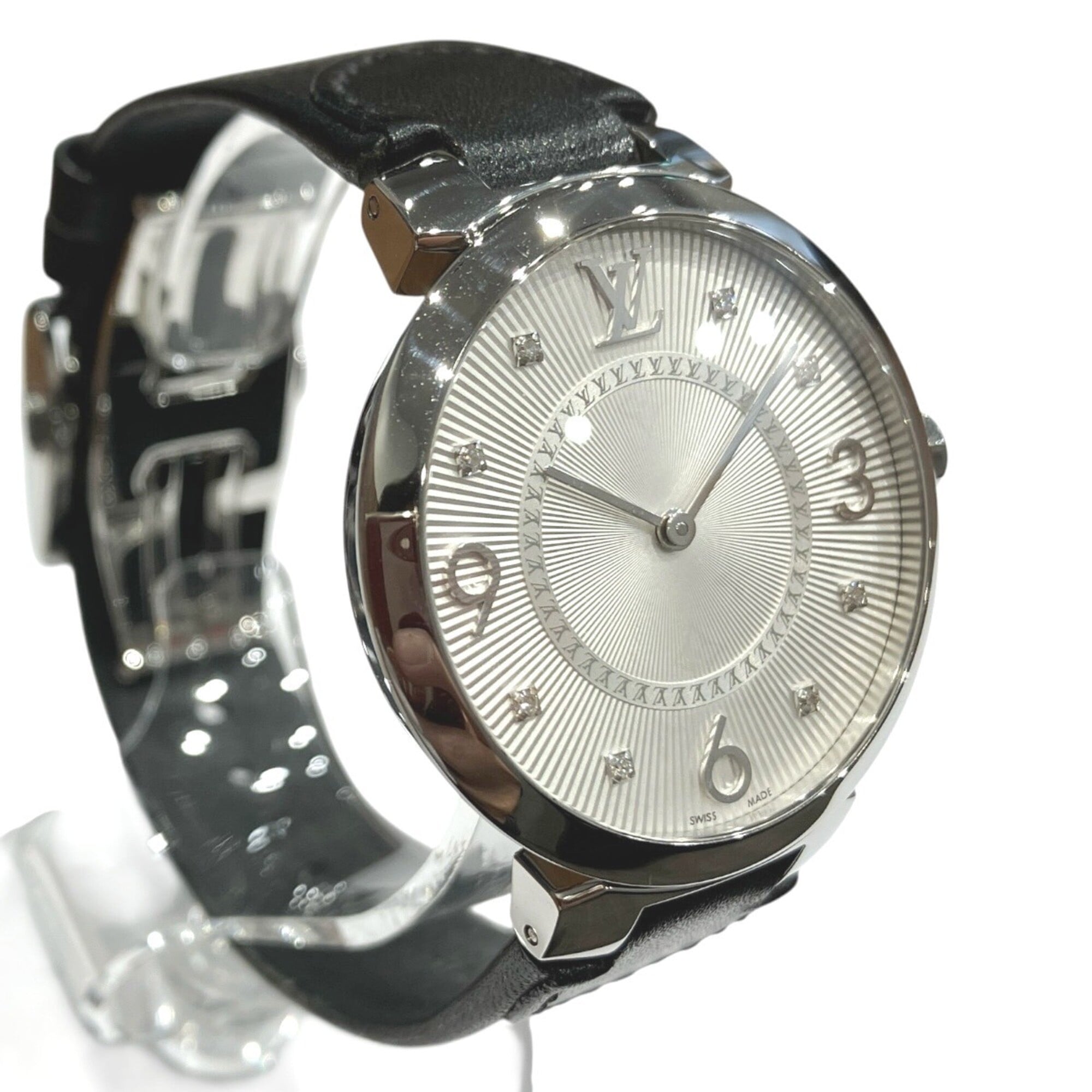 Louis Vuitton Tambour-horloge, totaalgewicht 48 g, roestvrij staal, band van echt leer, quartz uurwerk, zilveren wijzerplaat, Q13MJ