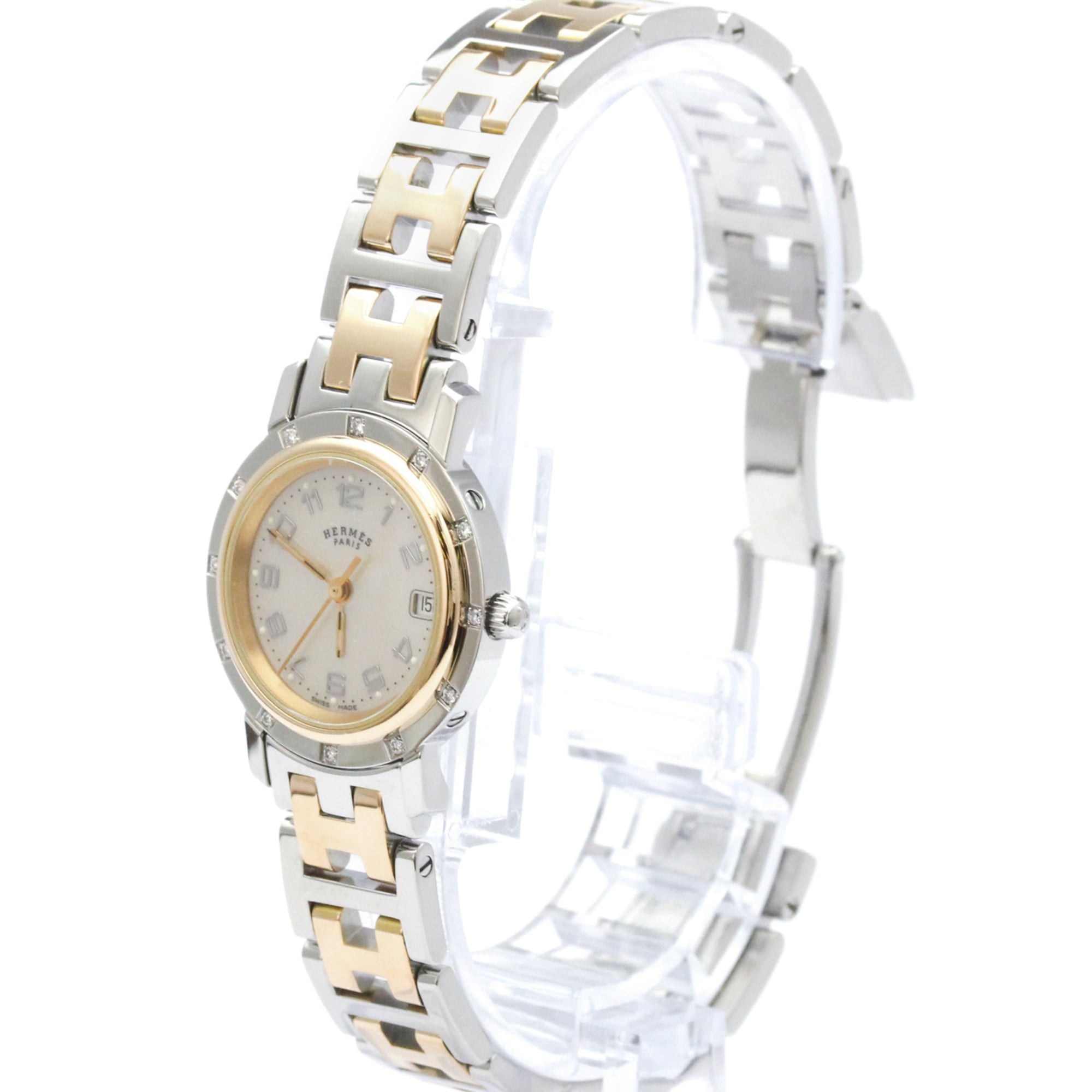 HERMES Clipper Diamond Pink MOP Dial Quartz Watch CL4.222 Polished