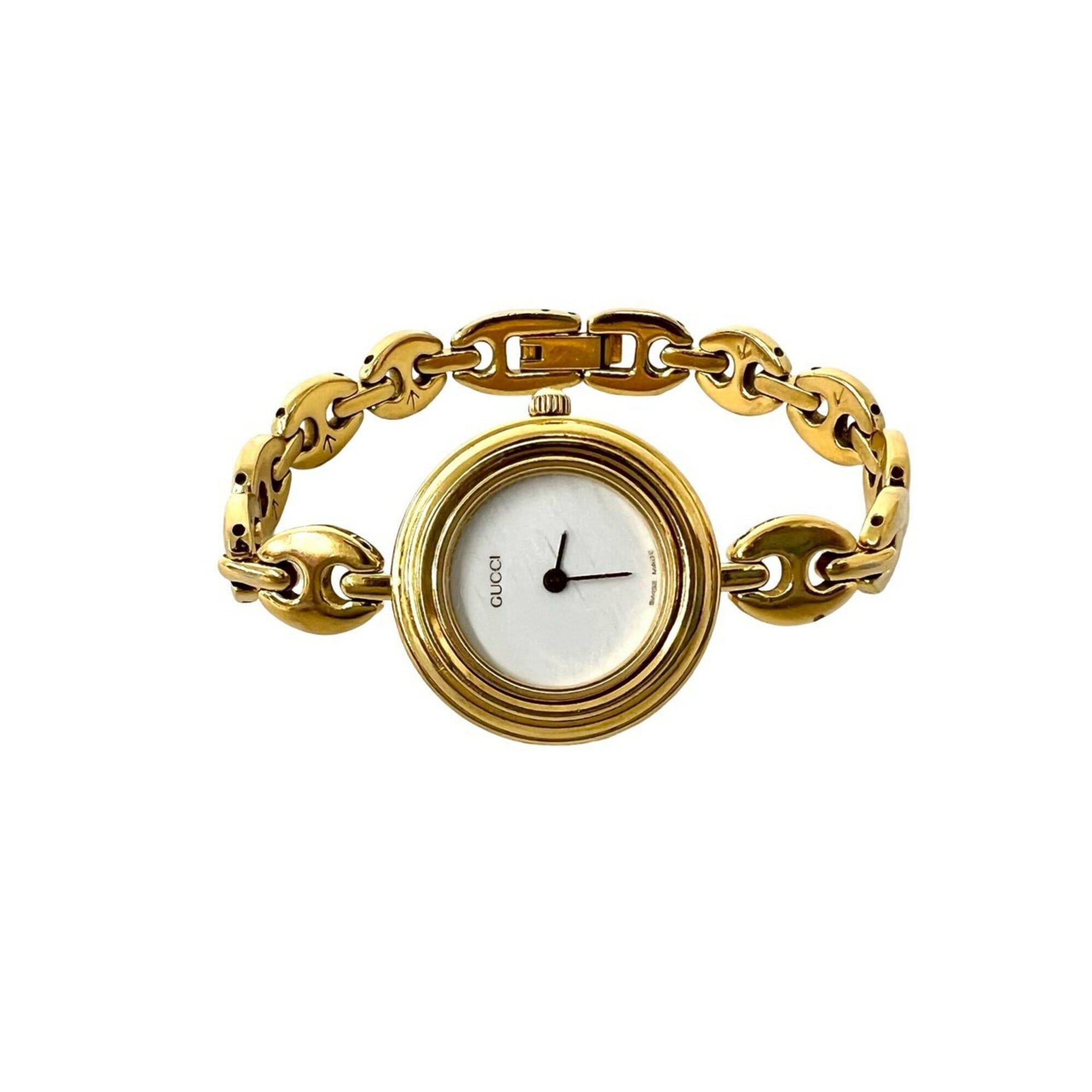GUCCI Vintage Logo Engraved Chain GP Watch Wristwatch Gold White 36330