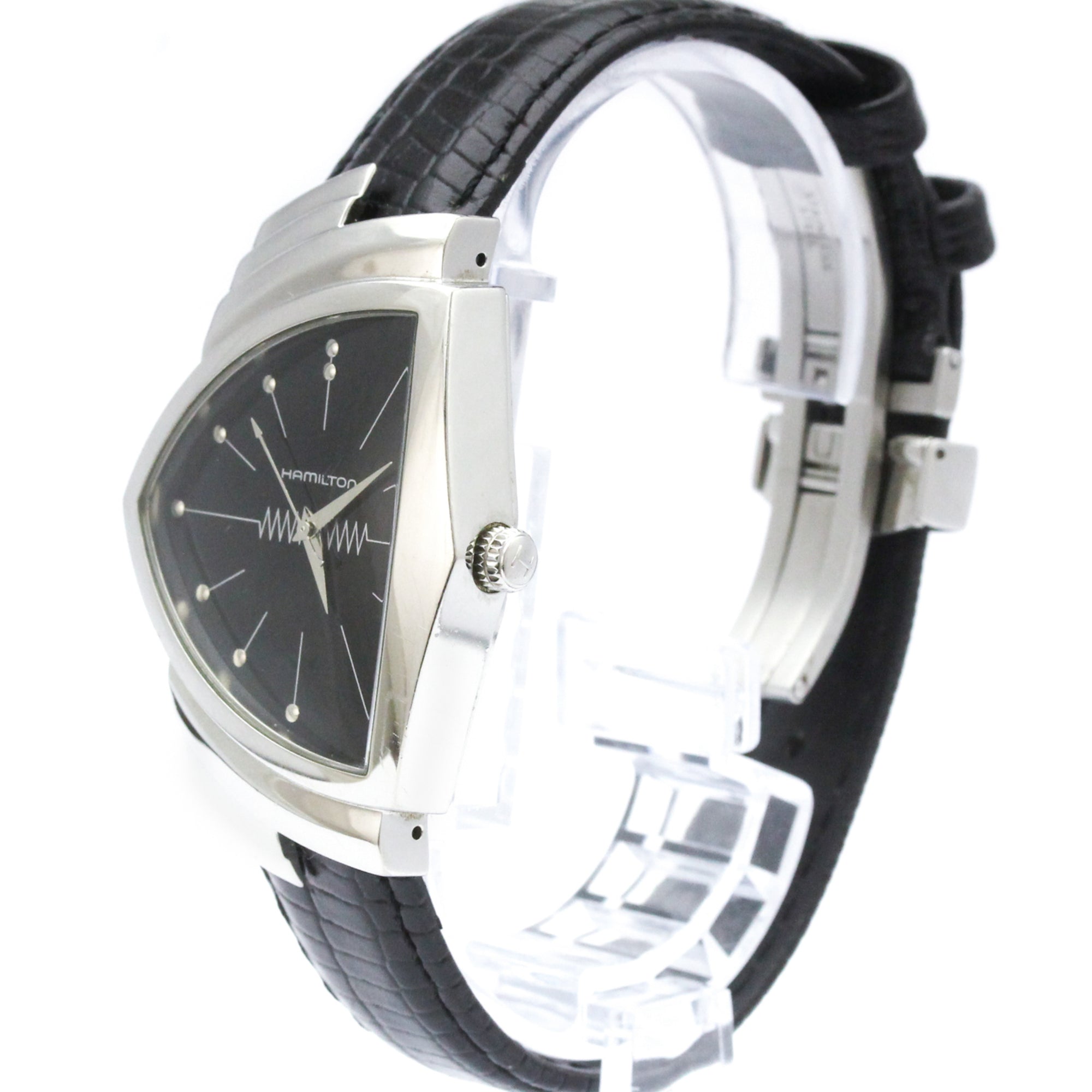 HAMILTON Ventura Stainless Steel Leather Quartz Mens Watch H24411732 Polished