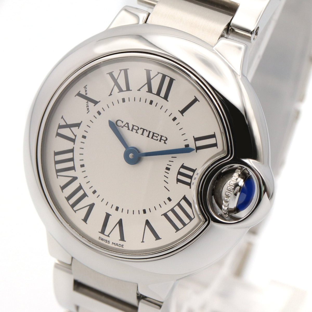 Cartier Ballon Bleu SM W69010Z4 horloge met zilveren wijzerplaat, 28 mm