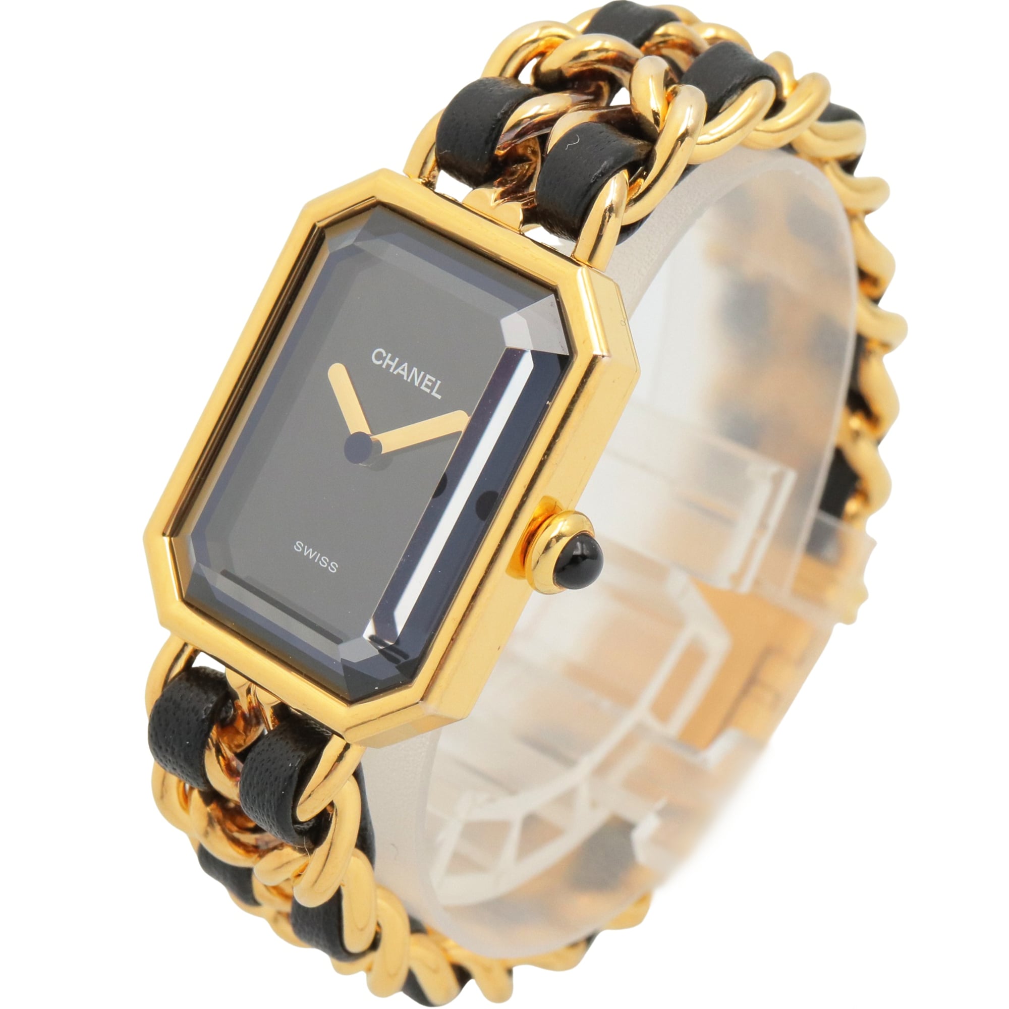 Chanel CHANEL Première S Gold Plated (GP) Leather Strap Wo Black H0001