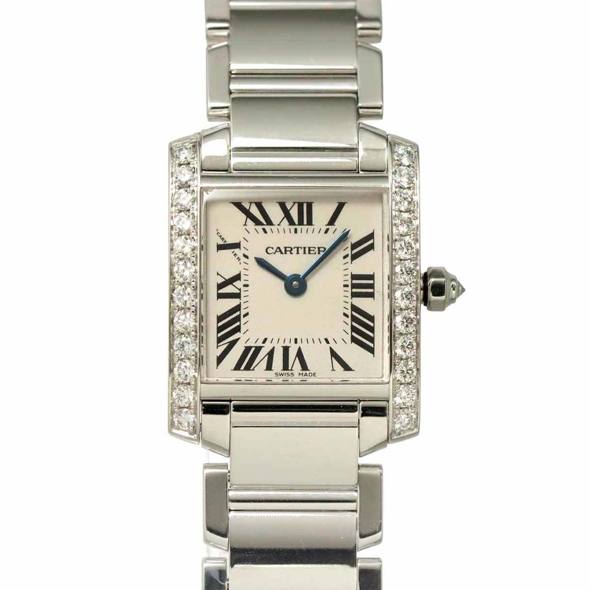 Cartier Tank Francaise SM WE1002S3 Ladies' Watch, Diamond Bezel, Ivory, 18K White Gold, Quartz.