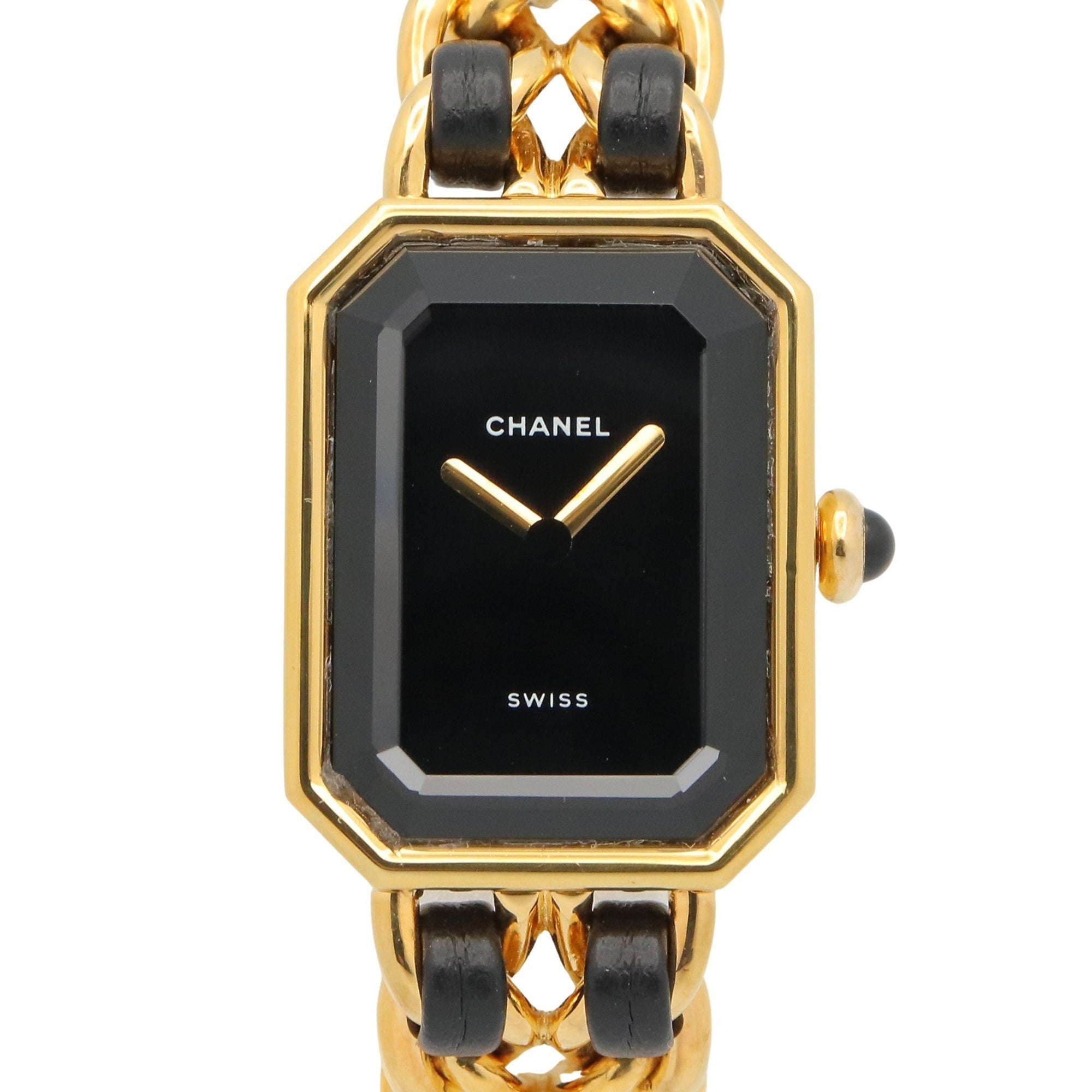 Chanel CHANEL Première S Watch, Gold Plated (GP), Leather Strap, Women's, Black, H0001