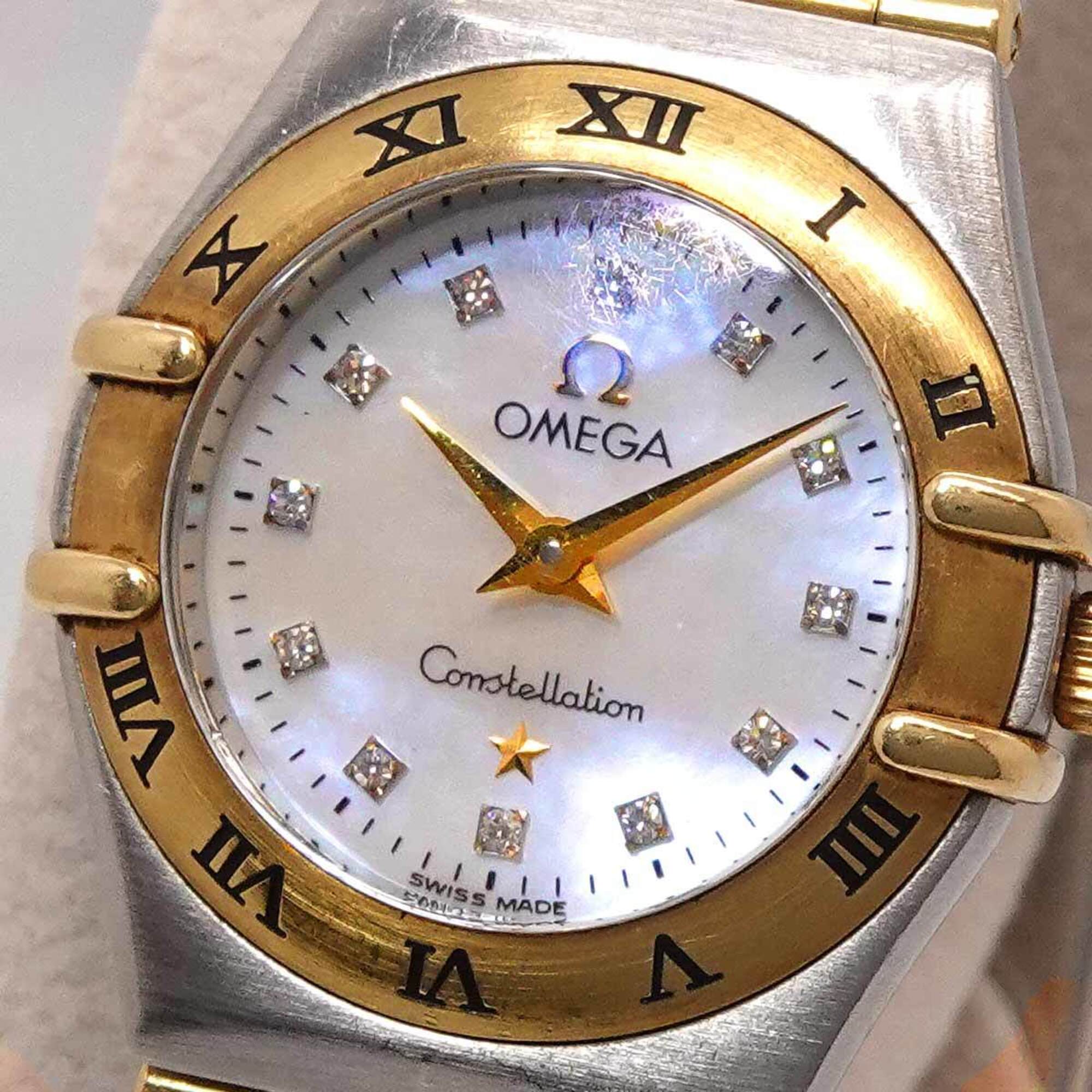 Omega Constellation Mini Combination 1262 75 Ladies' with 12 Diamonds White Shell Yellow Gold Quartz Movement