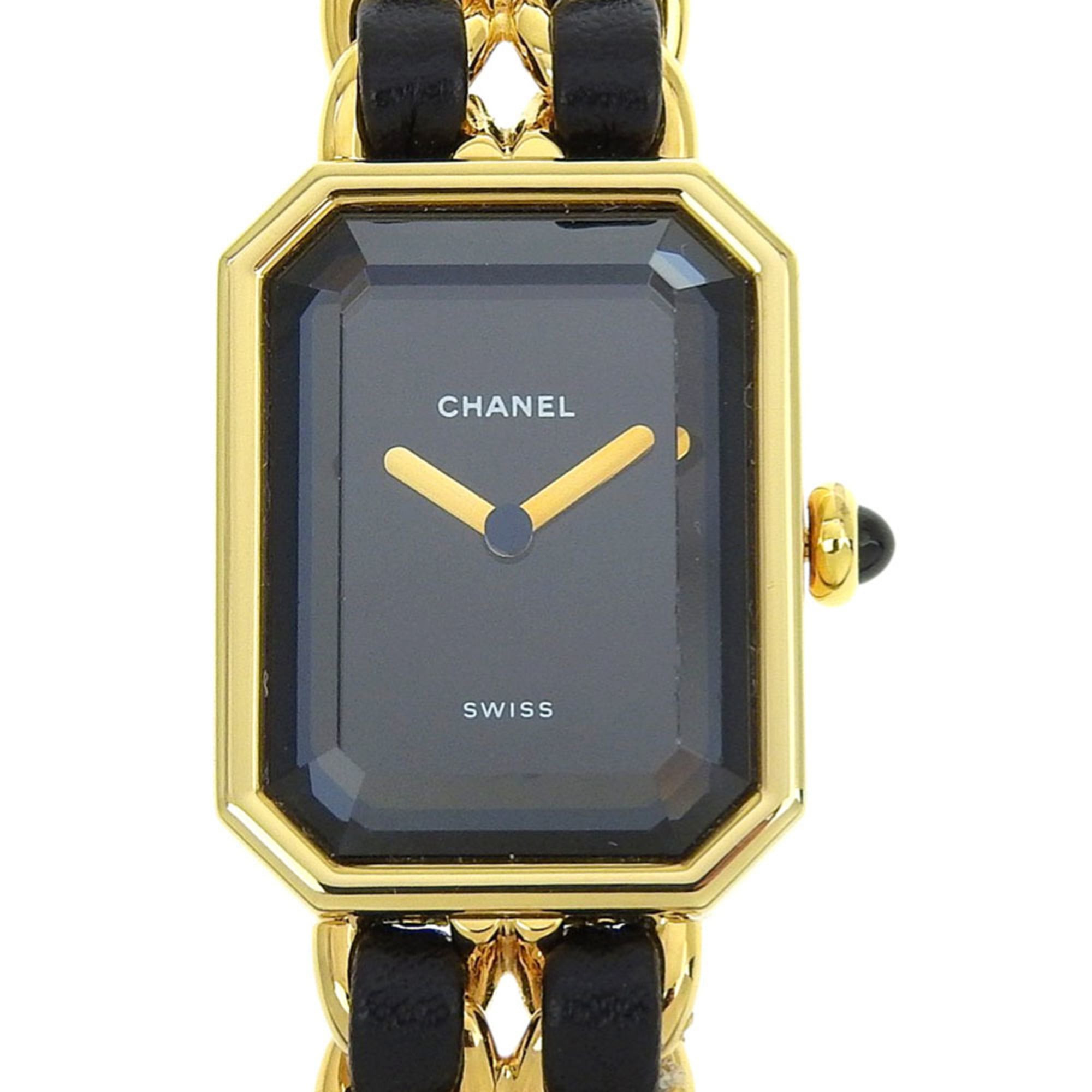 CHANEL Premiere S Watch H0001, Gold-Plated Leather Quartz Movement, Analog Display, Black Dial, Women's