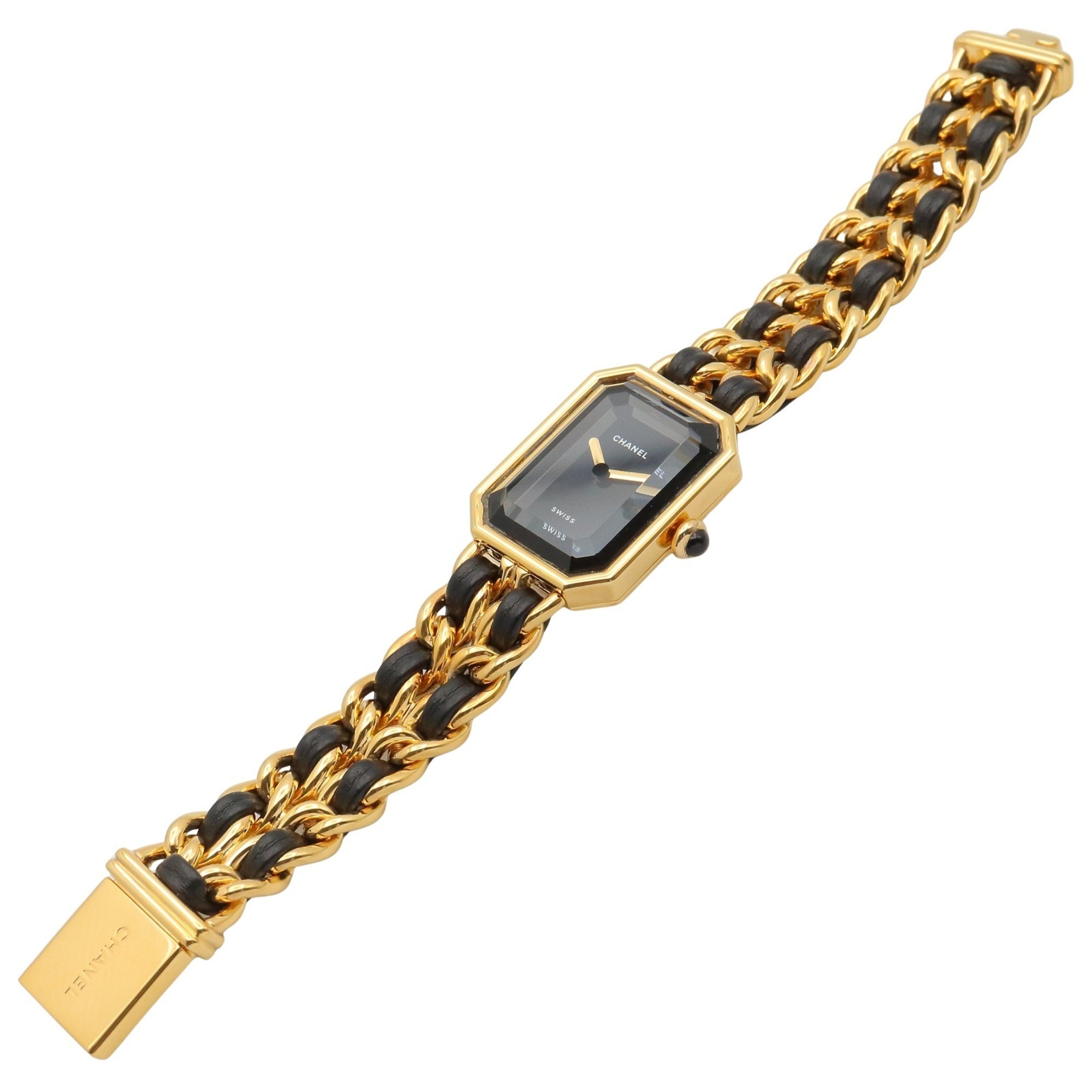 Montre Chanel CHANEL Première S, plaquée or (GP), bracelet en cuir, pour femme, Noir, H0001