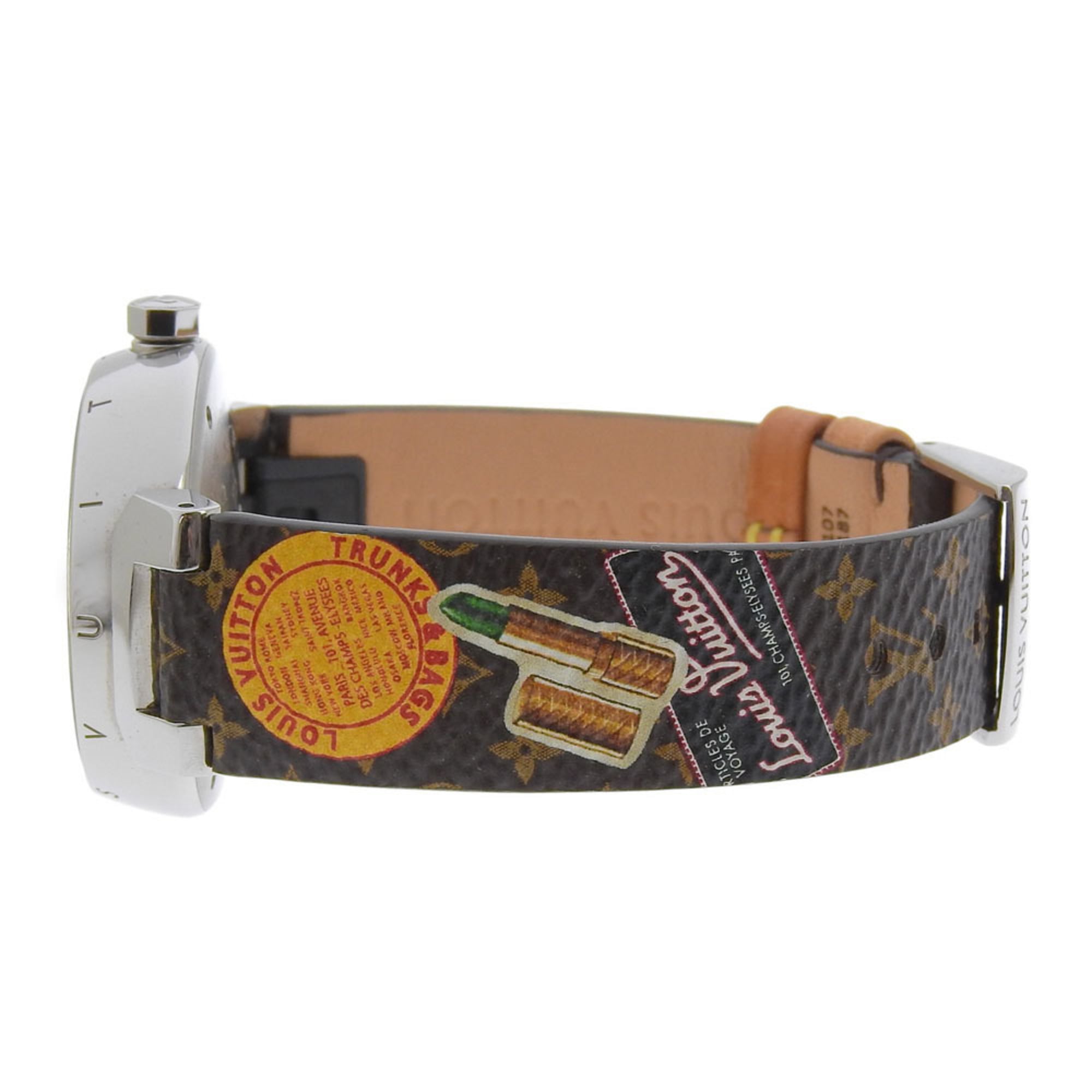 Louis Vuitton Tambour-horloge Q1311, roestvrij staal en leer, quartz uurwerk, analoge wijzerplaat, bruine wijzerplaat, unisex