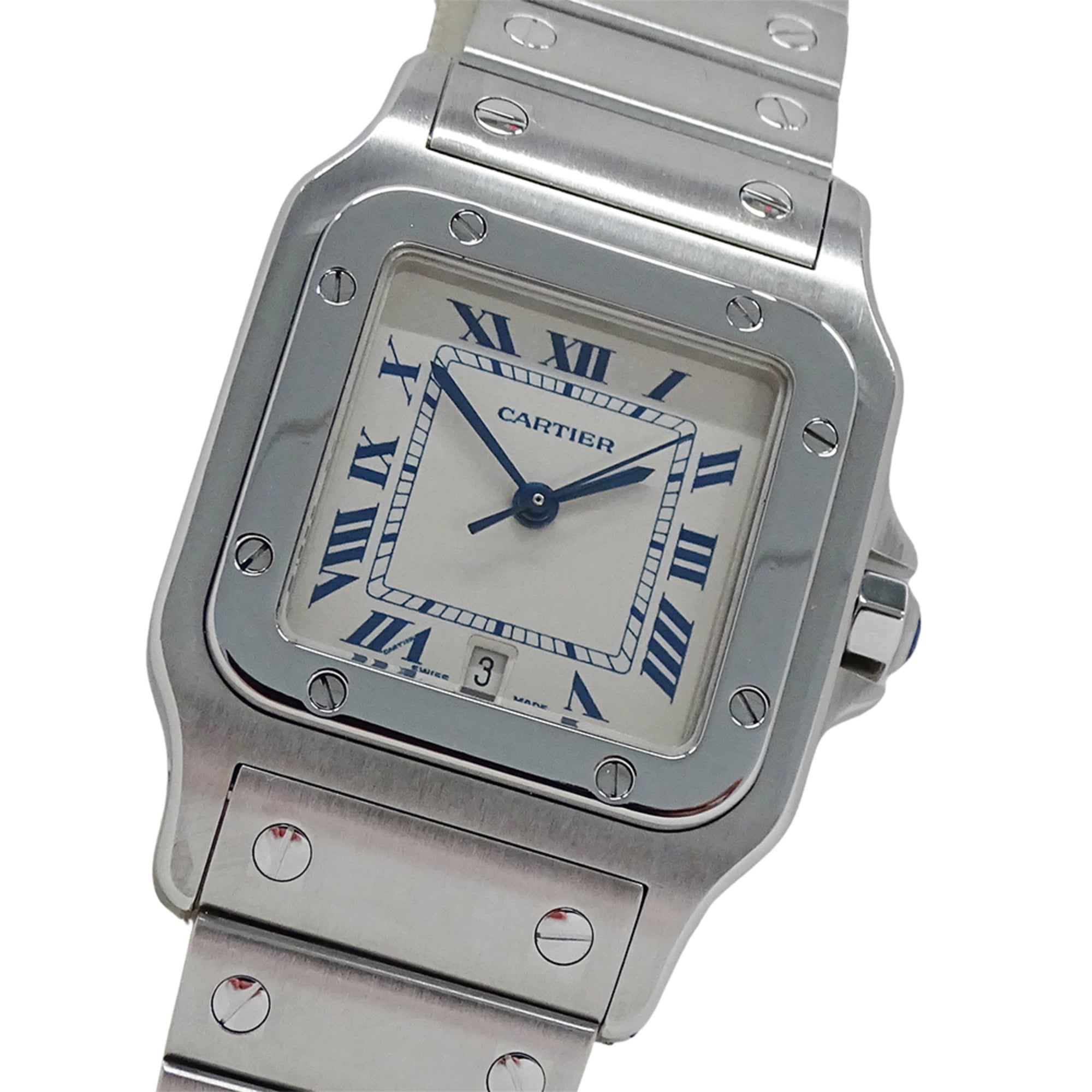 Cartier men's watch, Santos Galbee LM, date, quartz movement, stainless steel (SS), W20018D6, silver/ivory, polished.