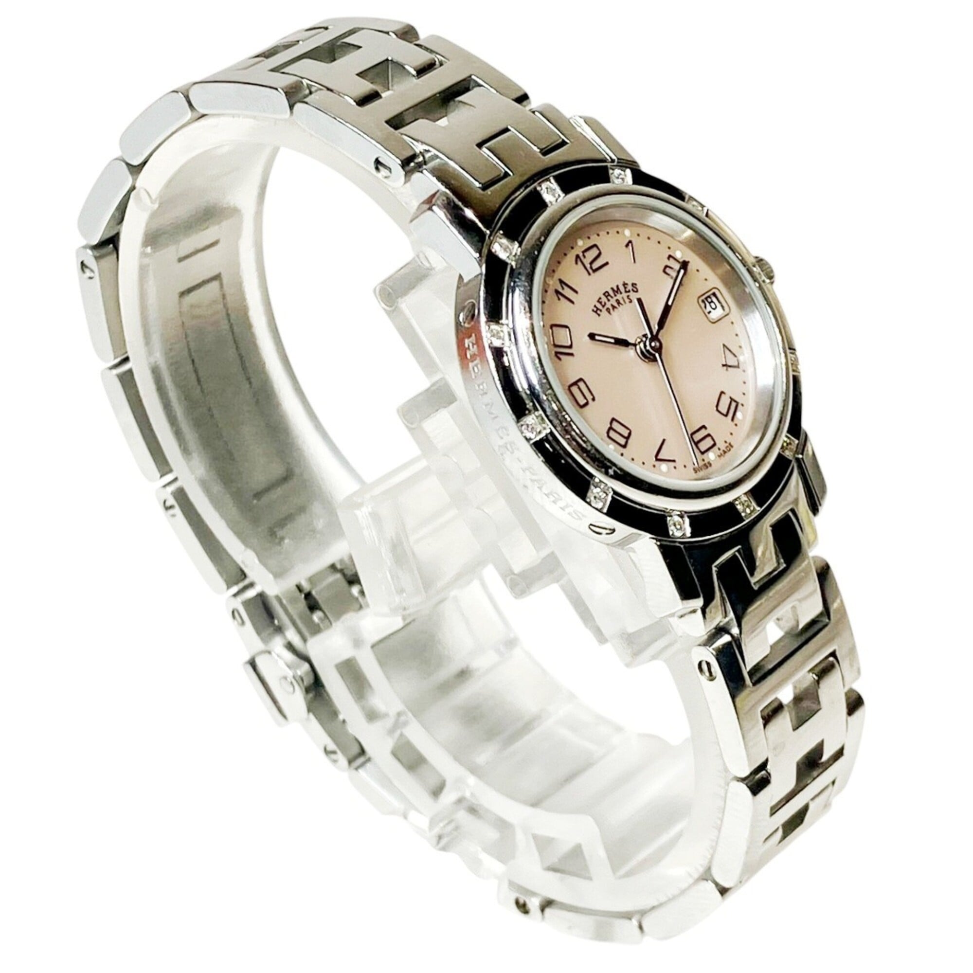 Hermes Clipper Nacre watch, total weight 42.8g, stainless steel, quartz movement, pink mother-of-pearl dial, CL4.230