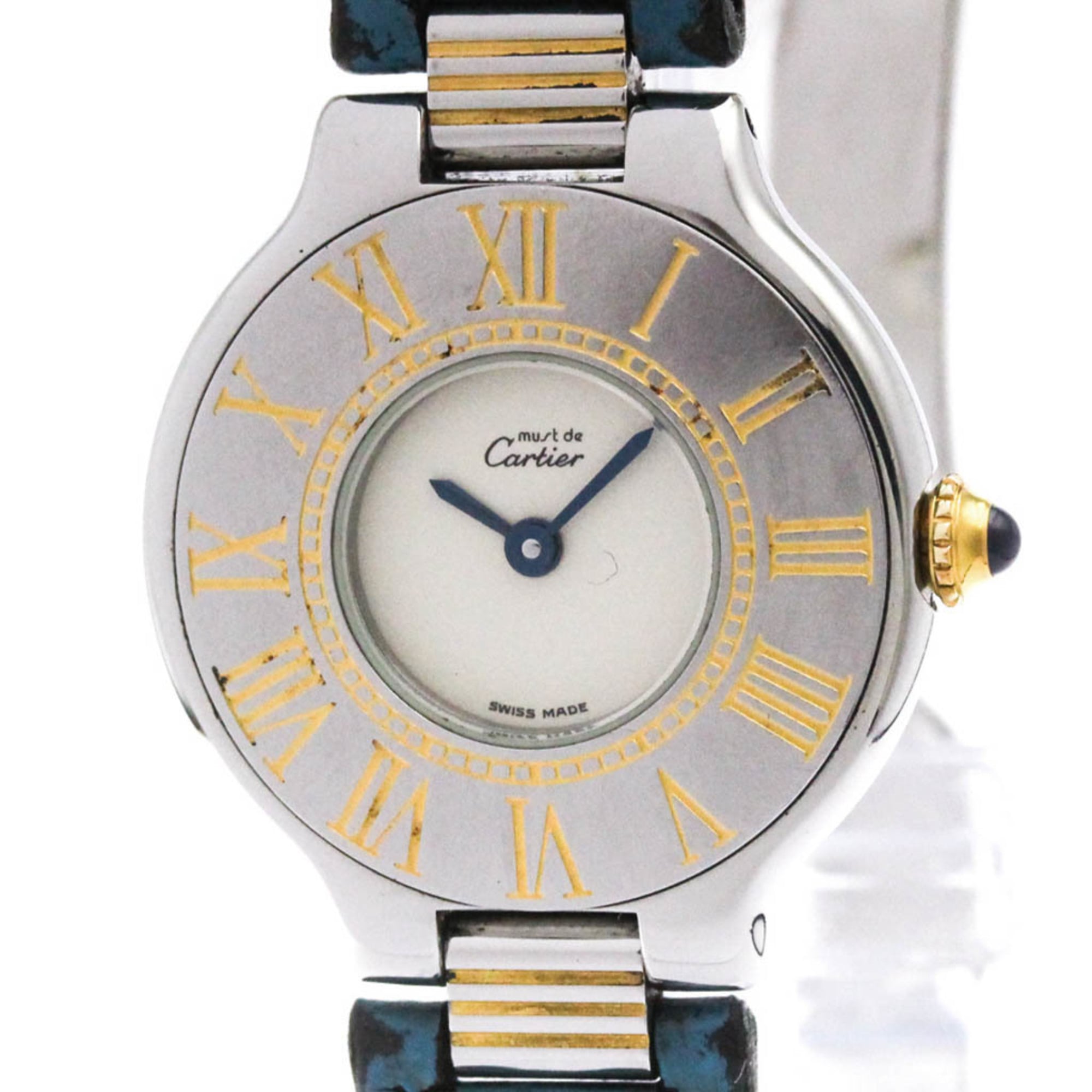 must de Cartier レディースquartz 腕時計 CARTIER Must 21 Gold Plated Steel Leather Quartz Ladies Watch Polished