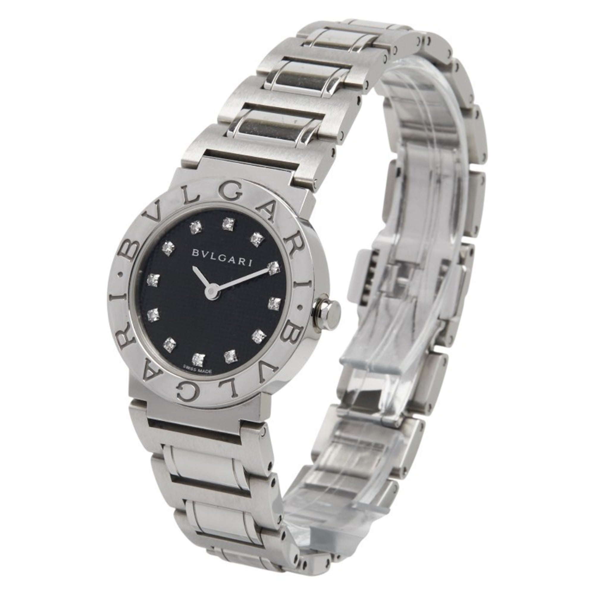 BVLGARI 12P Diamond Watch BBL26S Quartz Black Dial Stainless Steel Women's