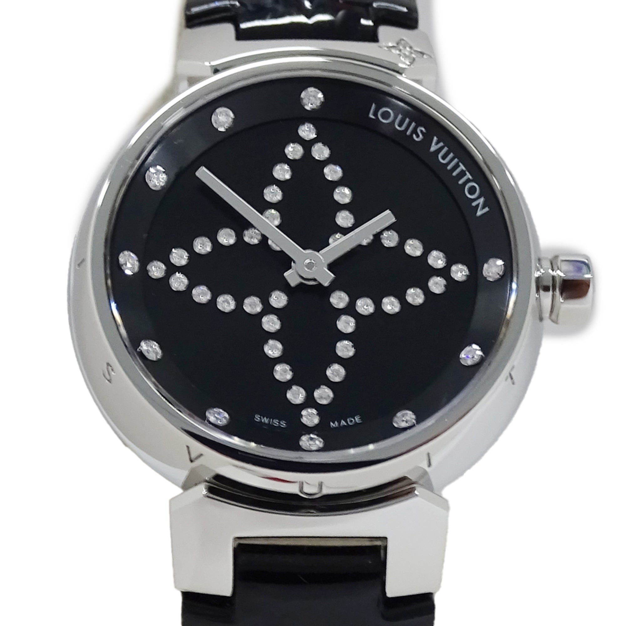 Louis Vuitton LOUIS VUITTON Women's Watch Tambour Forever Diamond Quartz QZ Stainless Steel SS Leather Q12M5 Silver Black