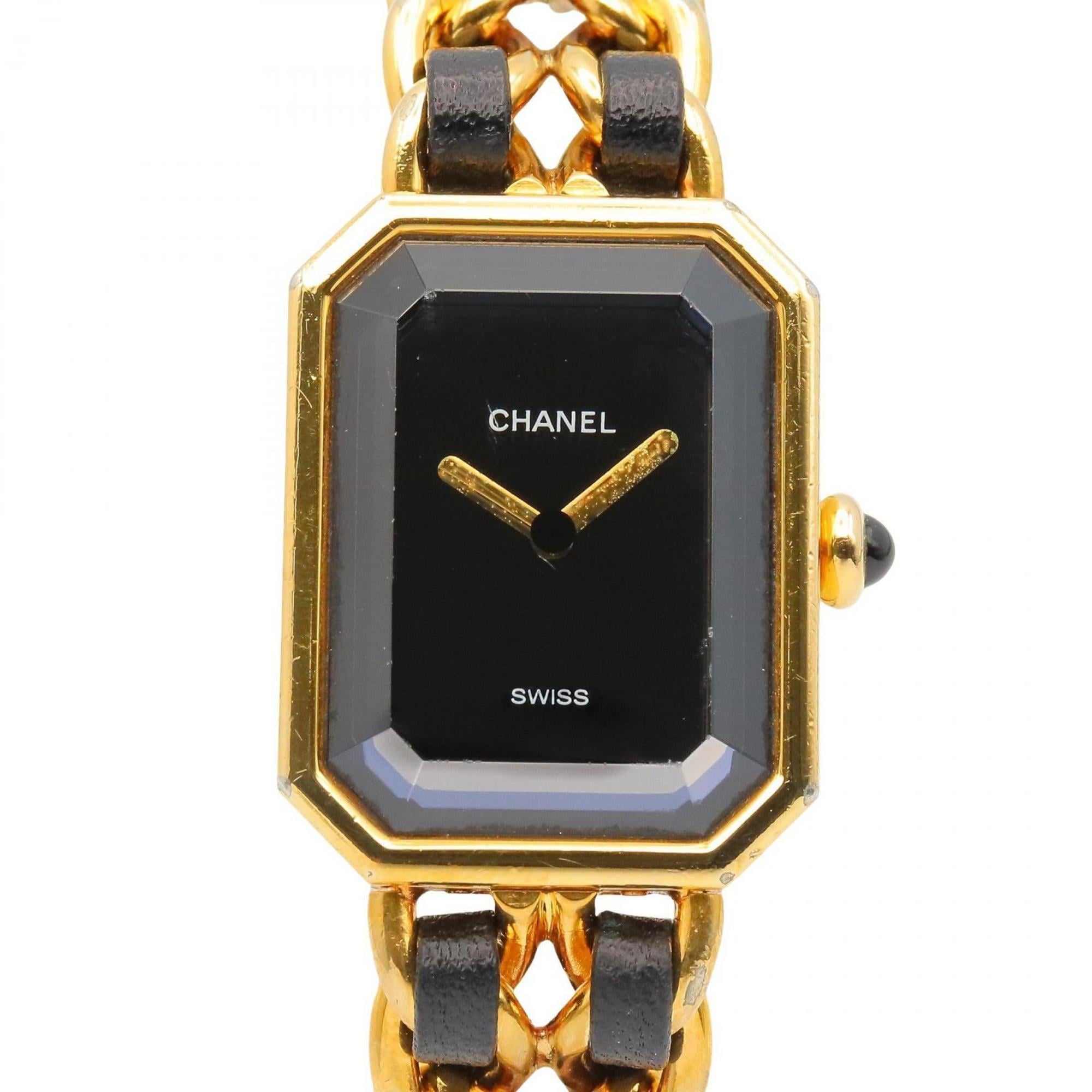 CHANEL Premiere M Watch, Gold-Plated, with Leather Strap, Black, Women's, H0001