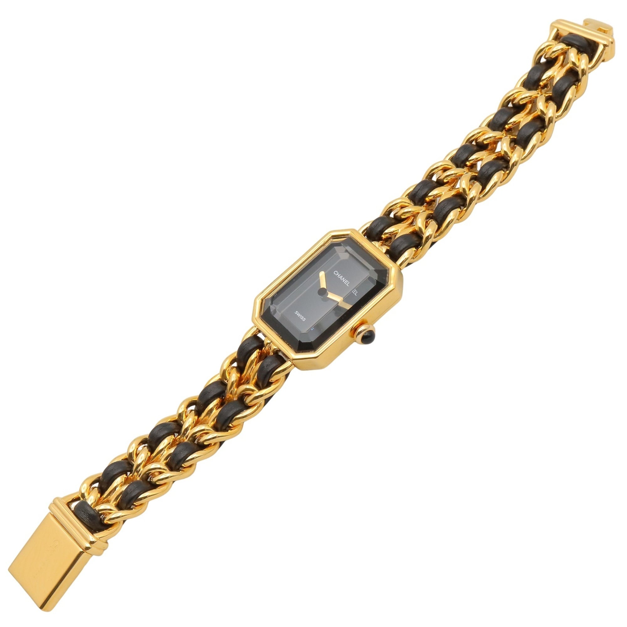 Montre Chanel CHANEL Première S, plaquée or (GP), bracelet en cuir, pour femme, Noir, H0001