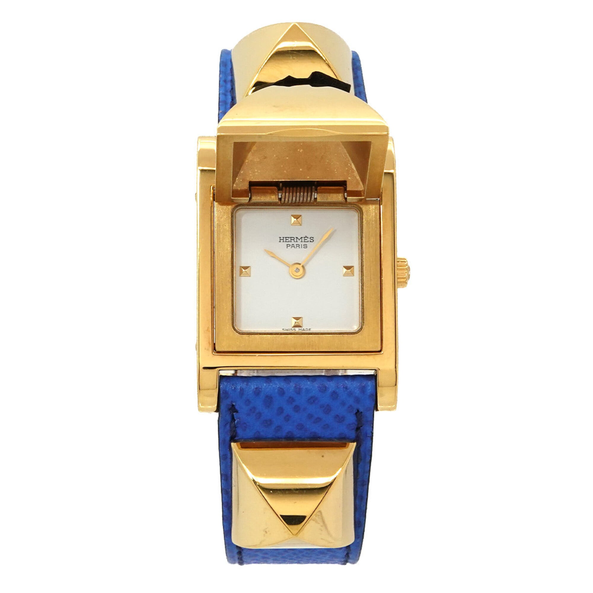 Hermes Medor Women's Watch, Pyramid Design, Gold Studs, White and Blue Leather Strap, Quartz Movement.