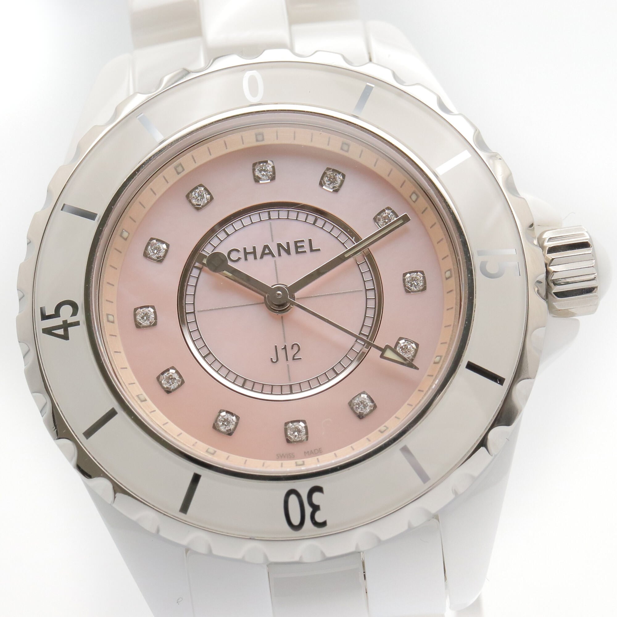 Chanel J12-horloge met 12 diamanten, keramiek, diamant, dames, roze tint, schelp, H5513