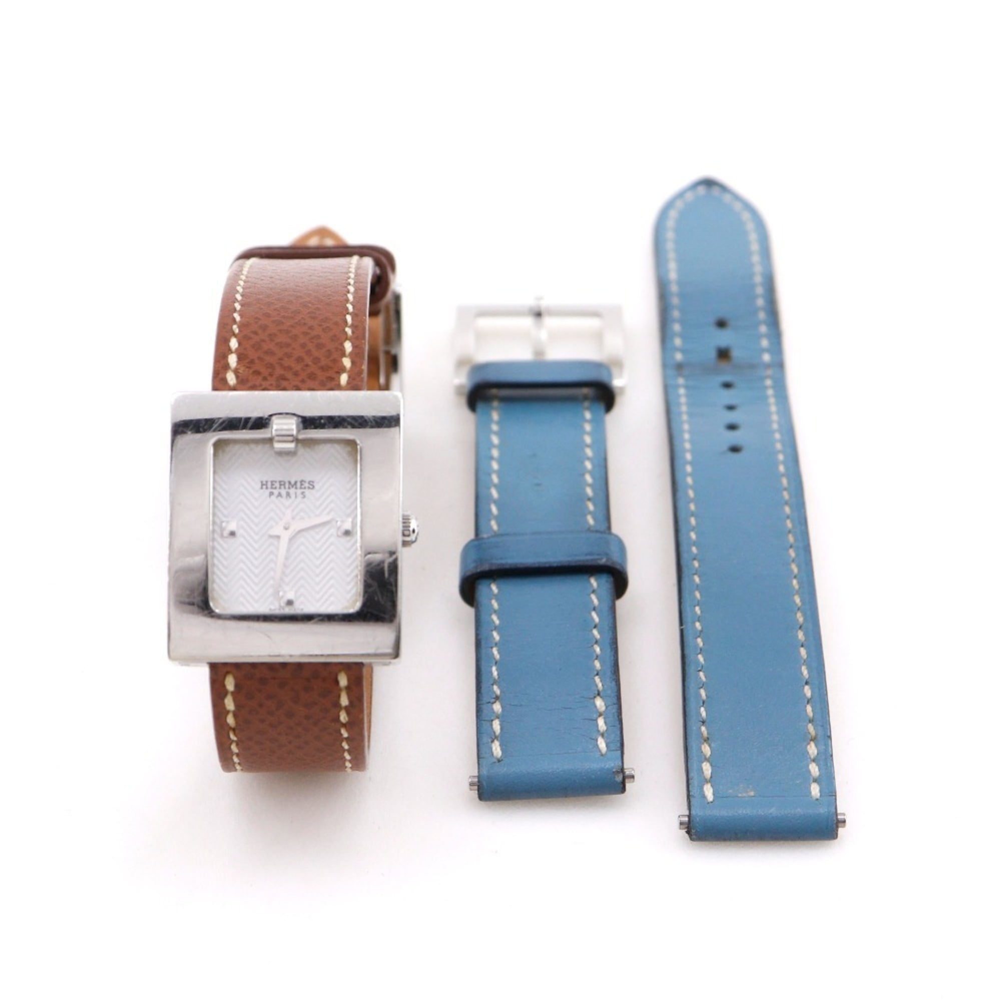 Hermès BE1.110 dameshorloge met roestvrijstalen en leren band, 2002, quartz uurwerk, analoge wijzerplaat, witte wijzerplaat