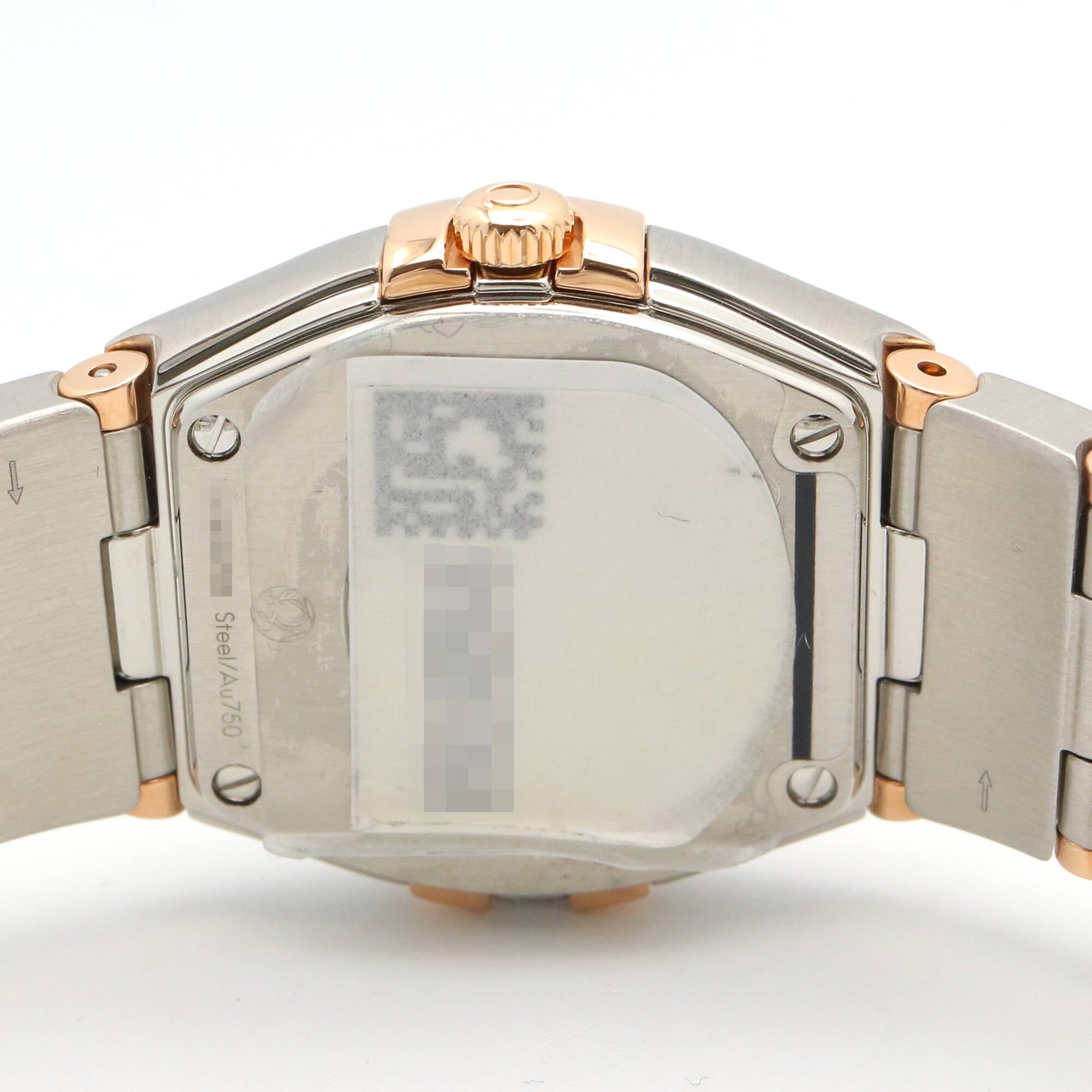 Omega Constellation Star Uhr mit blauer Diamantlünette, 18 Karat Roségold (PG) und Edelstahl, Diamanten, Damenuhr, Weiß/Weiß Perlmutt, 123.25.24.60.05.002