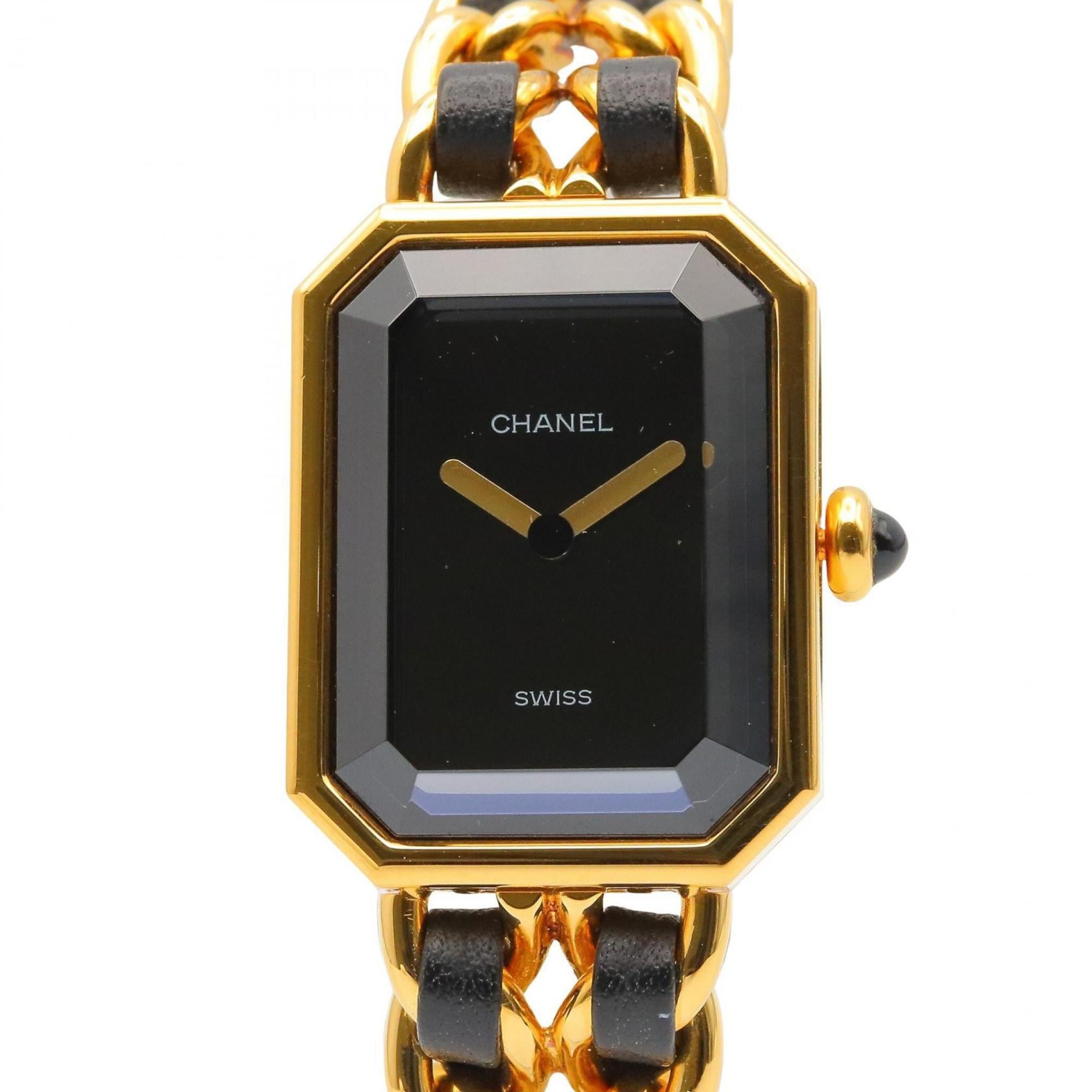 CHANEL Premiere M Watch, Gold-Plated, with Leather Strap, Black, Women's, H0001
