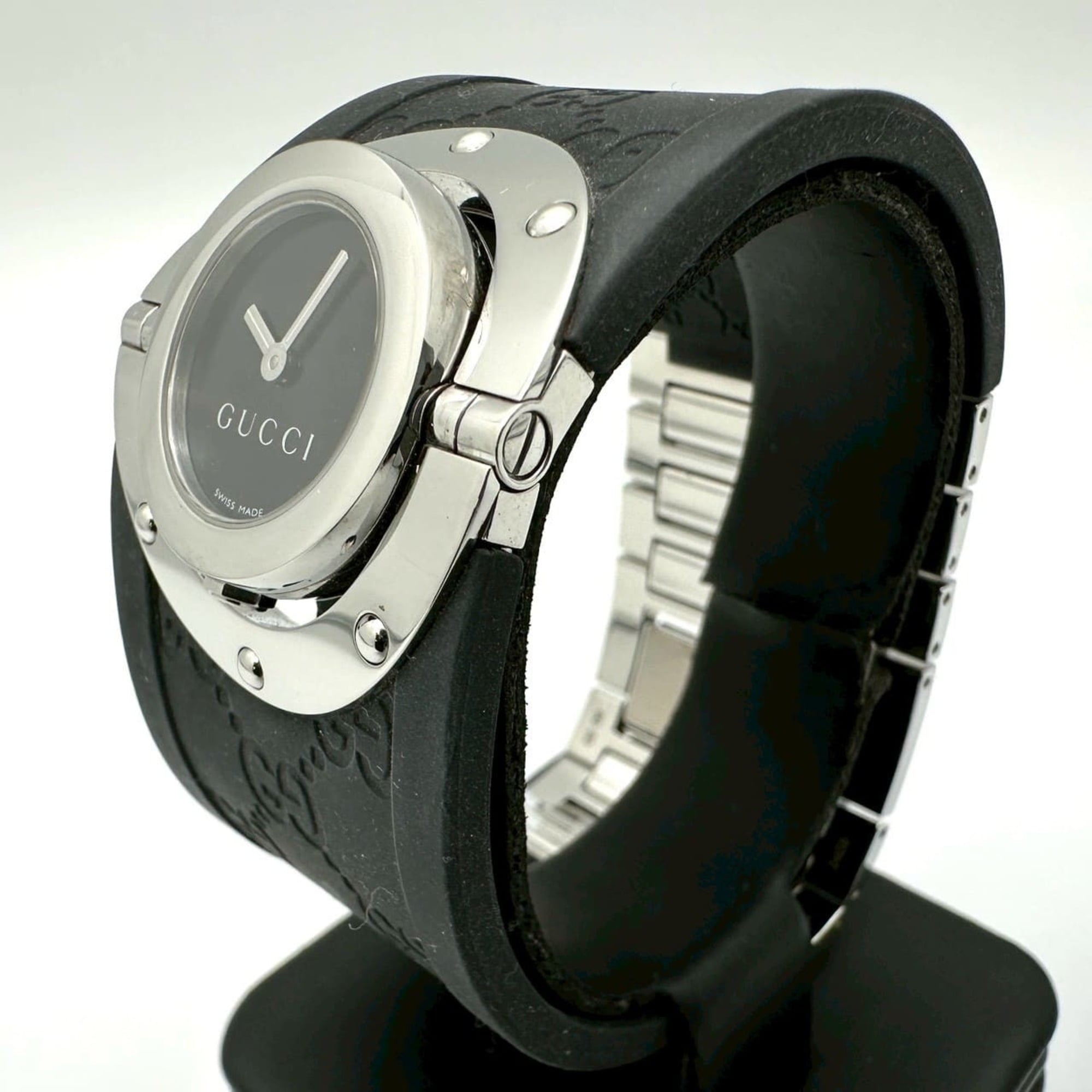 GUCCI Toile Bangle Watch 112 GG Rubber Quartz Black Women's