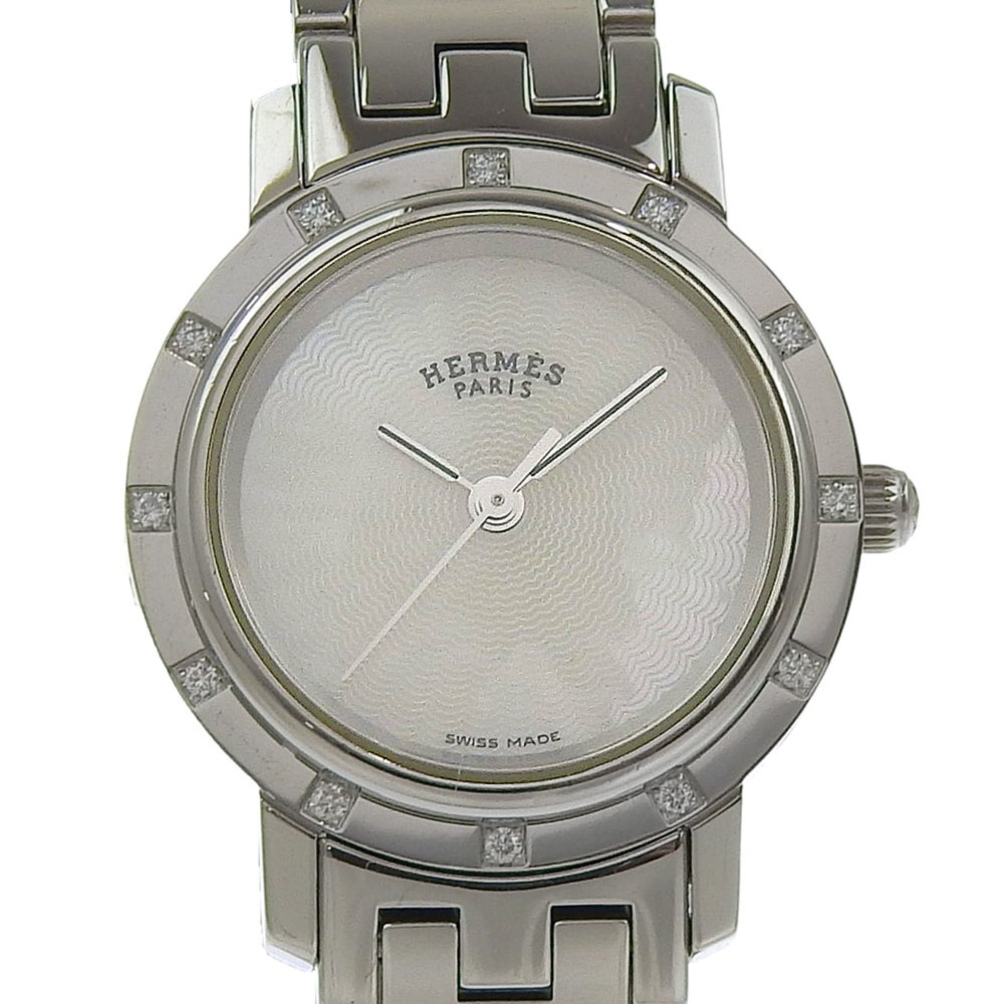 Hermès Clipper Nacre Women's Watch, 12 Diamonds, CL4.230, Stainless Steel, Quartz Movement, Analog Display, White Shell Dial