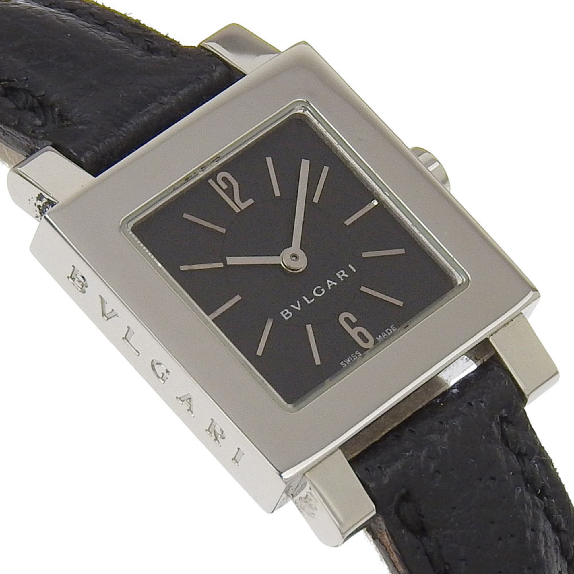 Bvlgari Quadrato SQ22SL dameshorloge, roestvrij staal met reliëfleer, quartz uurwerk, analoge wijzerplaat, zwarte wijzerplaat
