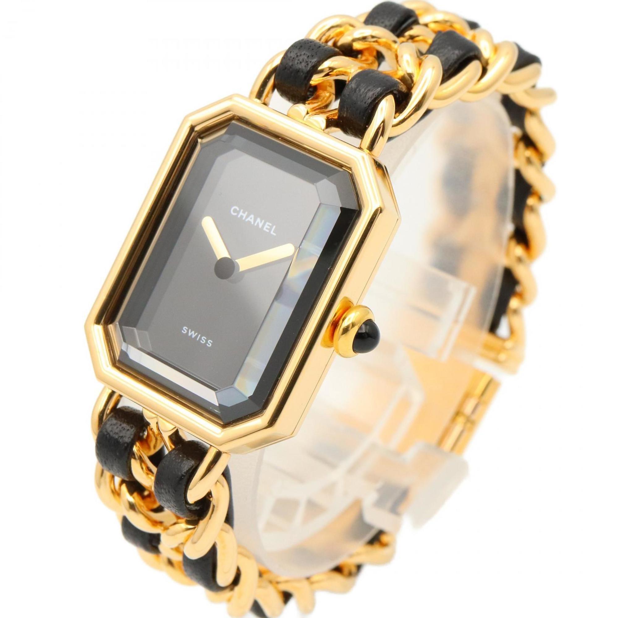 CHANEL Premiere S Watch, Gold-Plated, with Leather Strap, Black, Women's, H0001