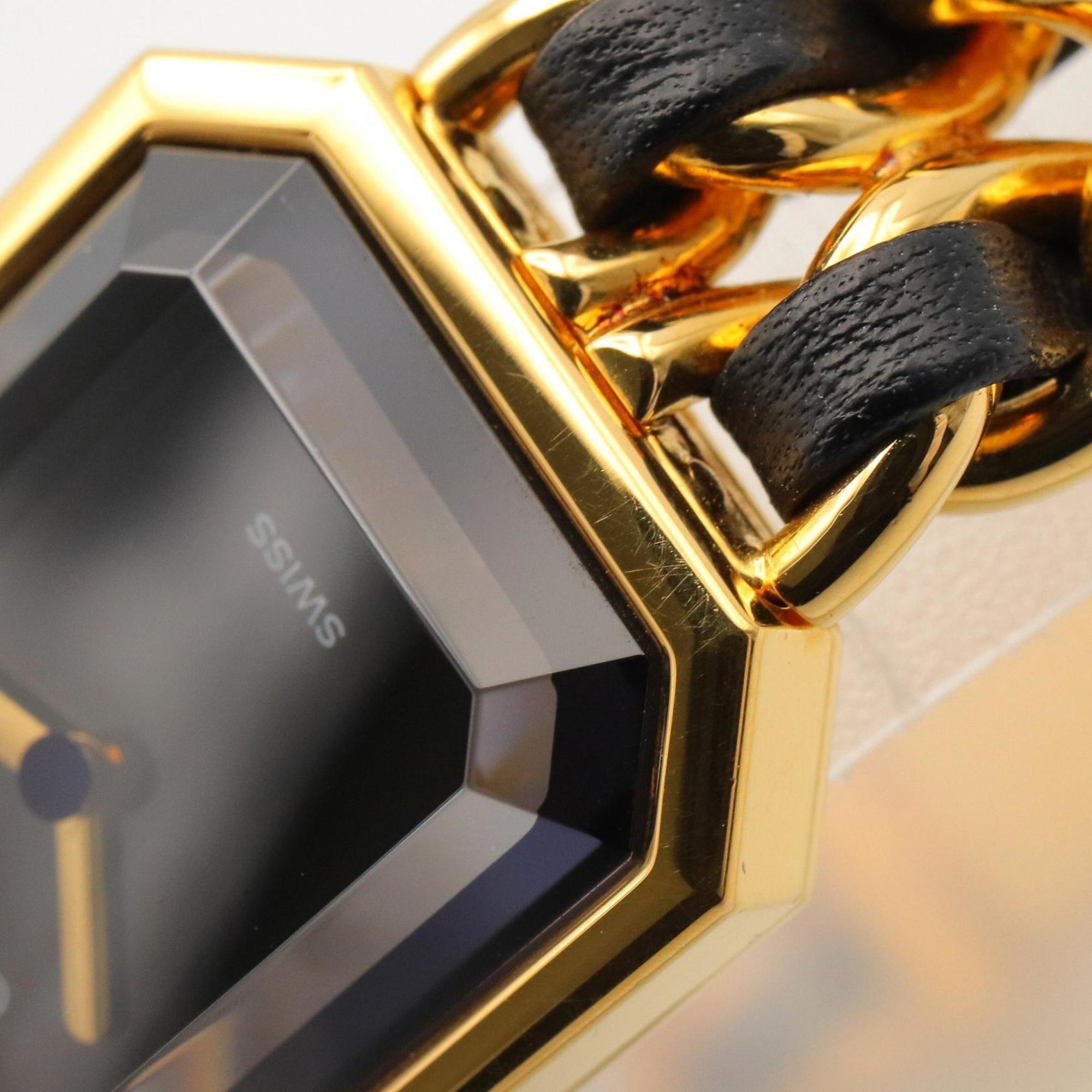 CHANEL Premiere M-horloge, verguld, met leren band, zwart, dames, H0001