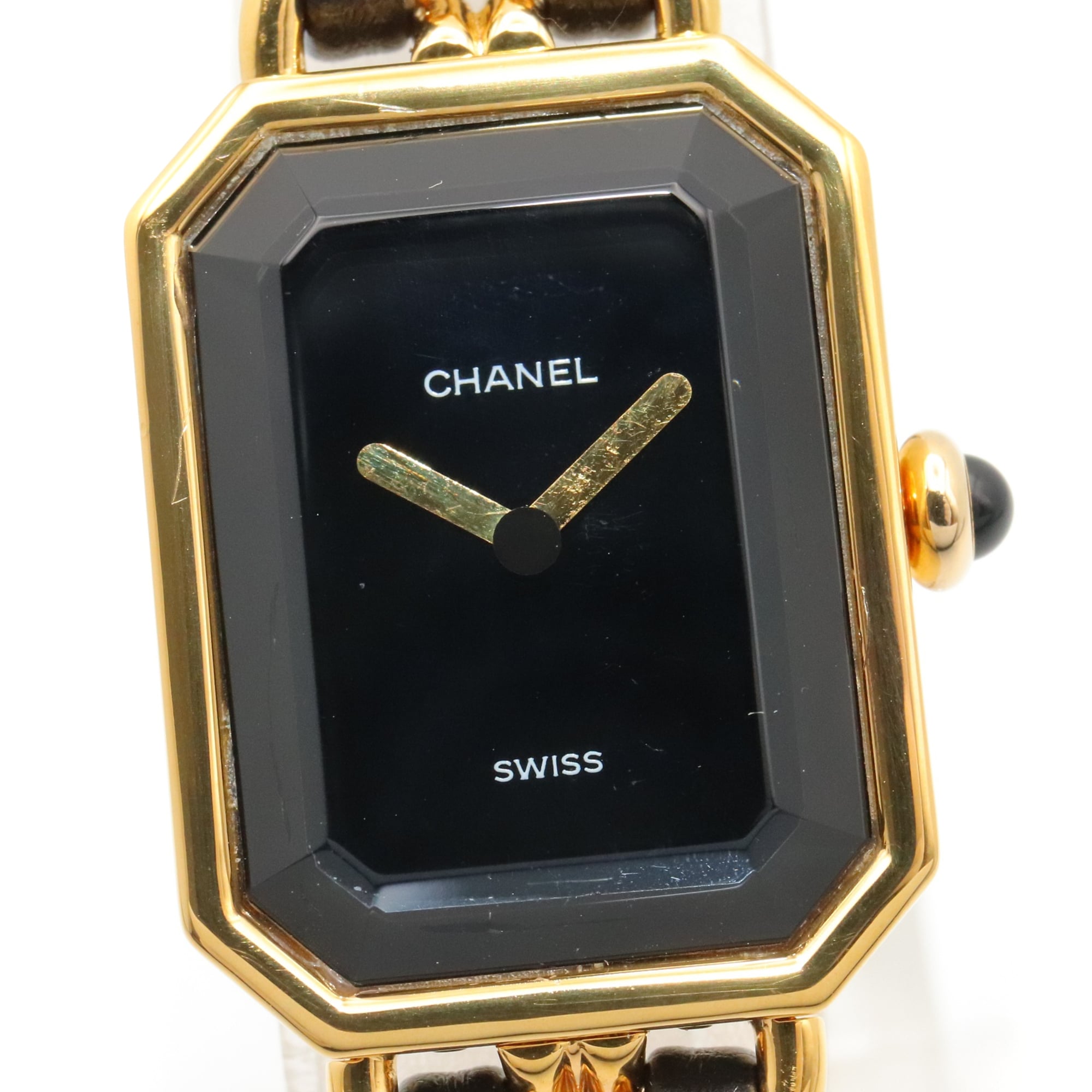 Montre Chanel CHANEL Première S, plaquée or (GP), bracelet en cuir, pour femme, Noir, H0001