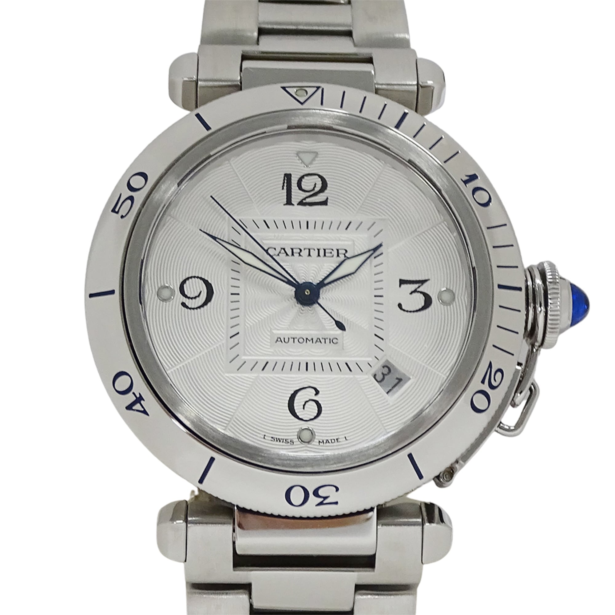 Cartier Pasha Grid Date Automatic Watch for Men, Stainless Steel (SS) W31040H3, Silver, Open Caseback