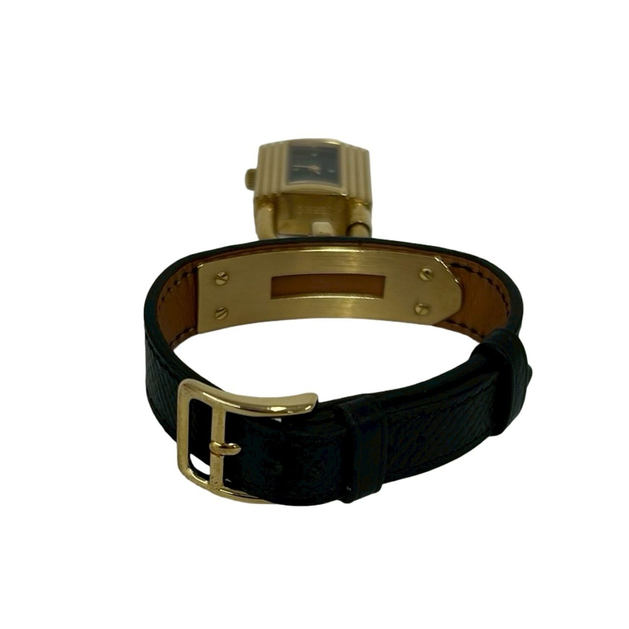 HERMES Vintage Kelly Leather Genuine GP Finish Wrist Black & Gold 82135
