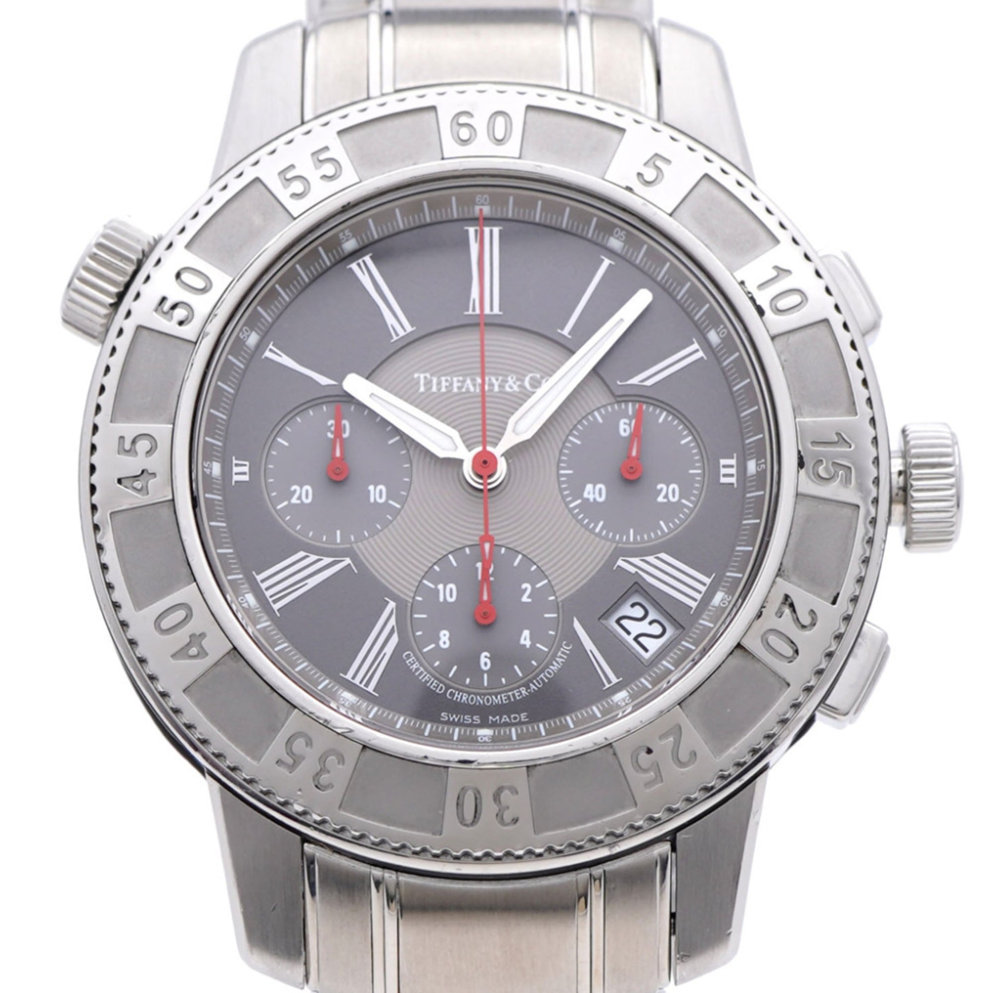 Tiffany & Co. T-57 Chronograph Watch with See-Through Back, Automatic, Stainless Steel, Gray, 0201, TIFFANY Co., Men's