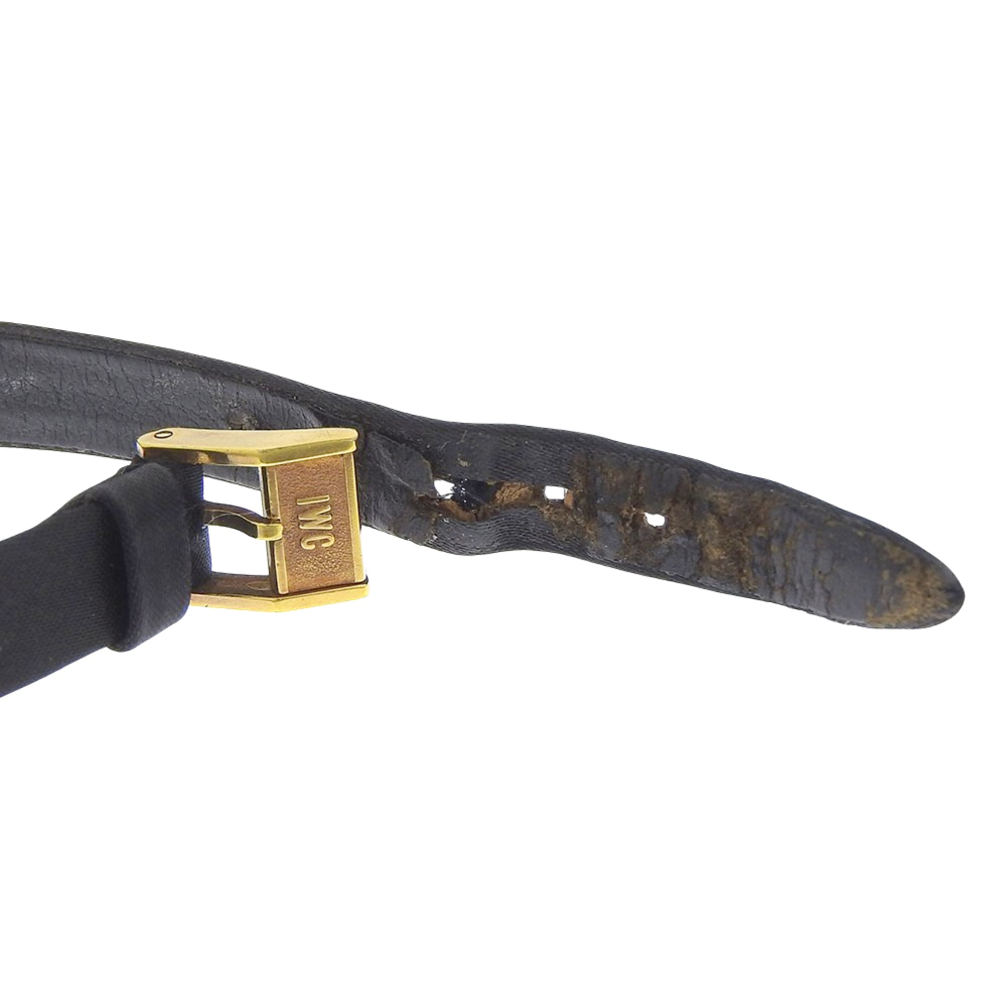 International Watch Company (IWC) vintage horloge, kaliber 41, 18-karaats geelgoud met leren band, handopwinding, analoge wijzerplaat, zilveren wijzerplaat, damesmodel.